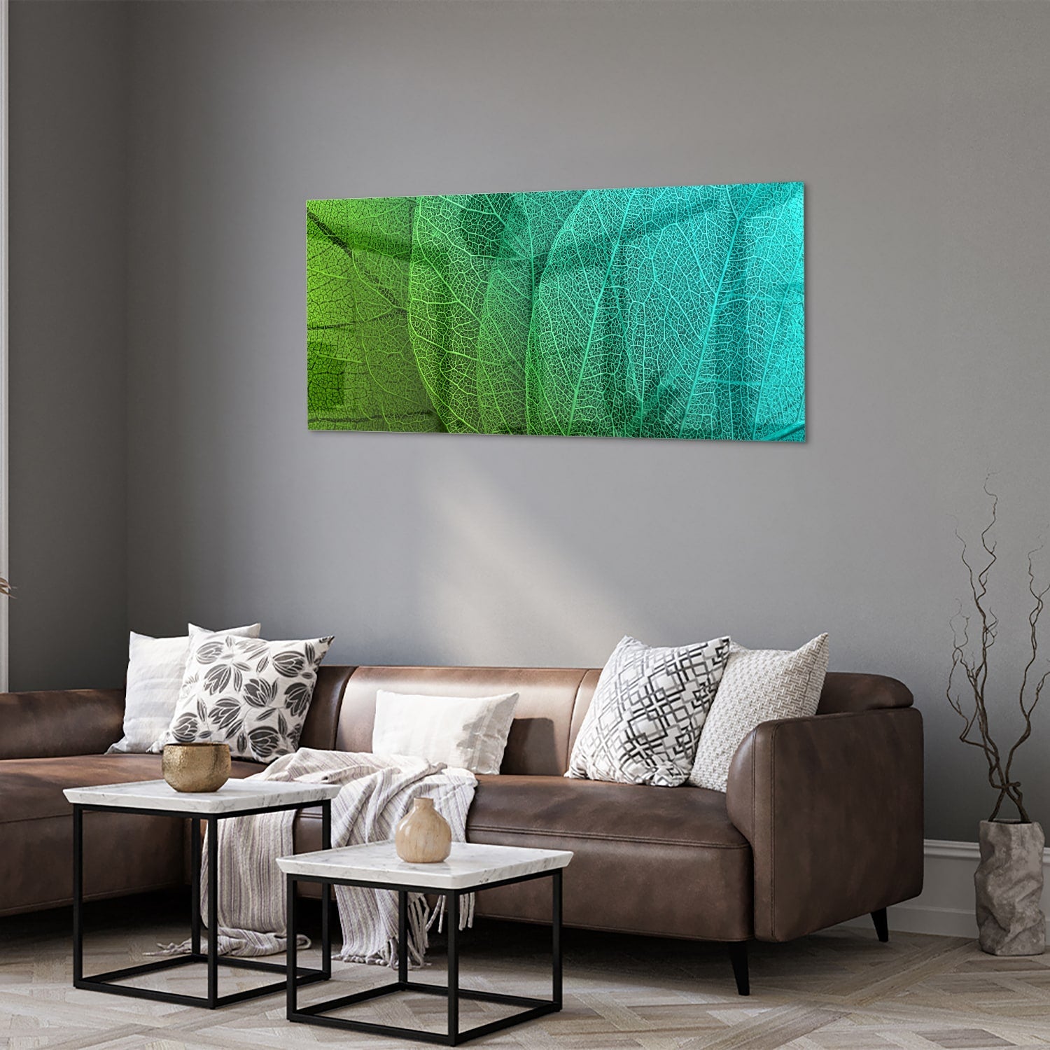 Glasbild mit strukturierter Oberfläche aus grünen Blättern – Glasbild aus Sicherheitsglas, Größe 40x40_rond