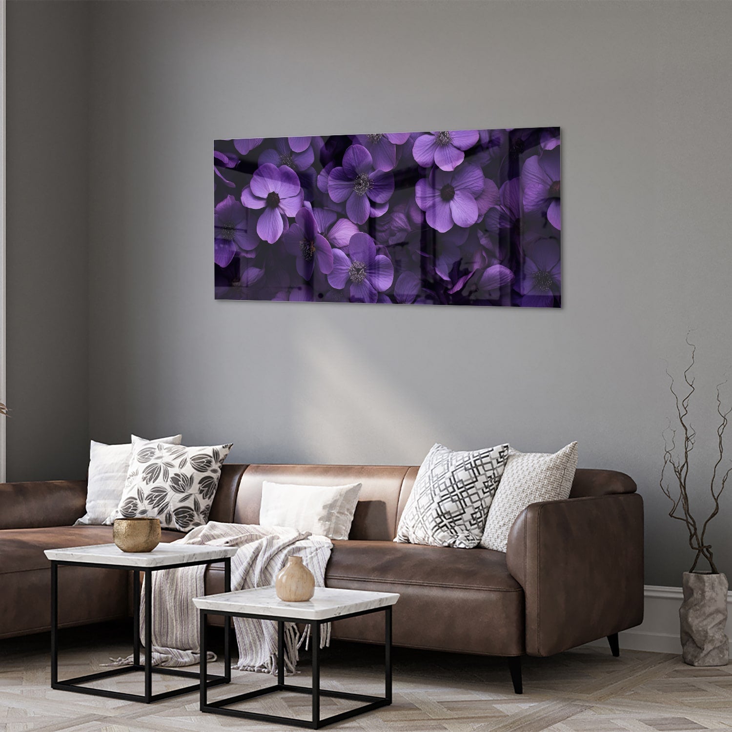 Glasbild mit violetten Blumen für Ihr Interieur – Glasbild aus Sicherheitsglas, Größe 40x40_rond