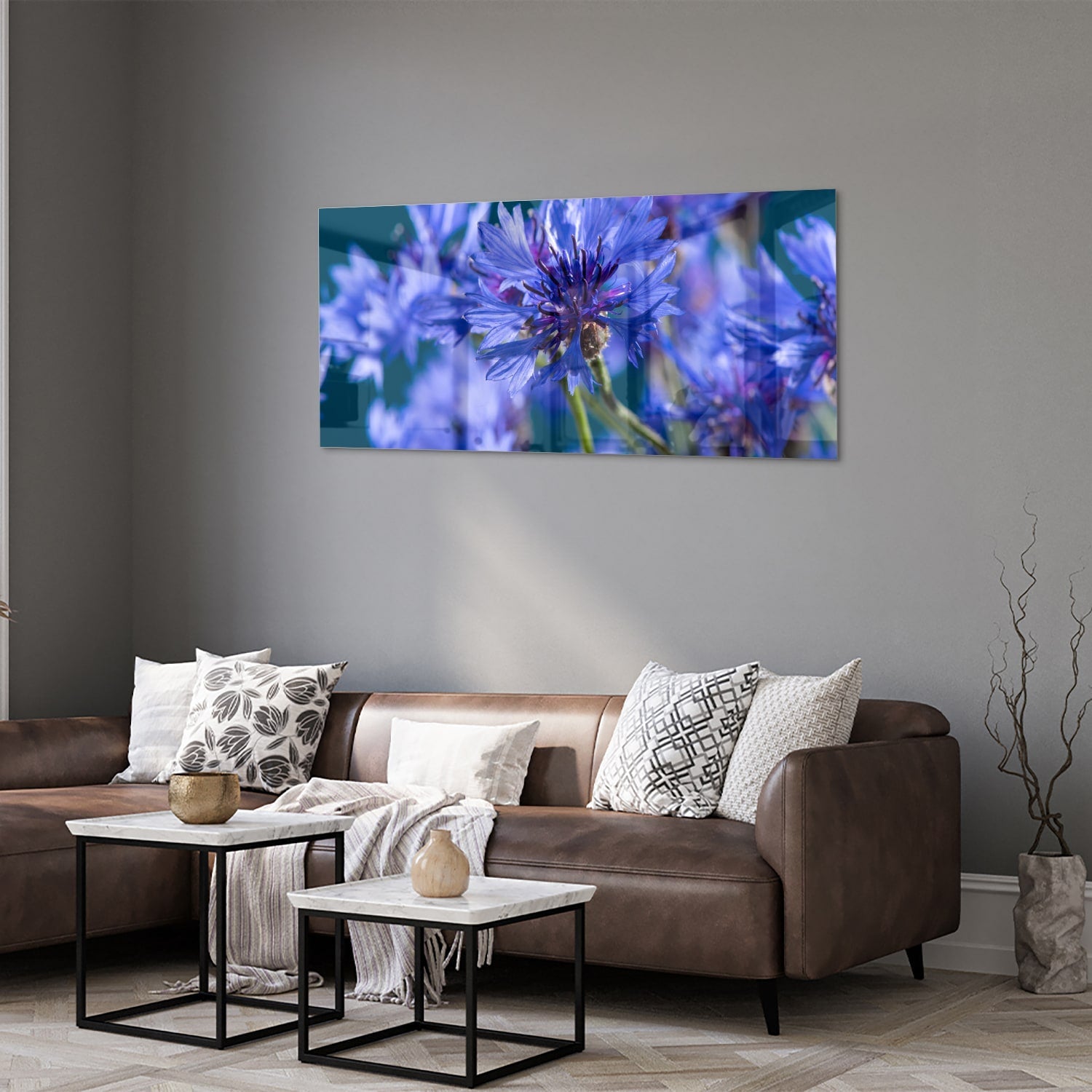 Wunderschönes violettes Glasbild mit Blumenmotiv – Glasbild aus Sicherheitsglas, Größe 40x40_rond
