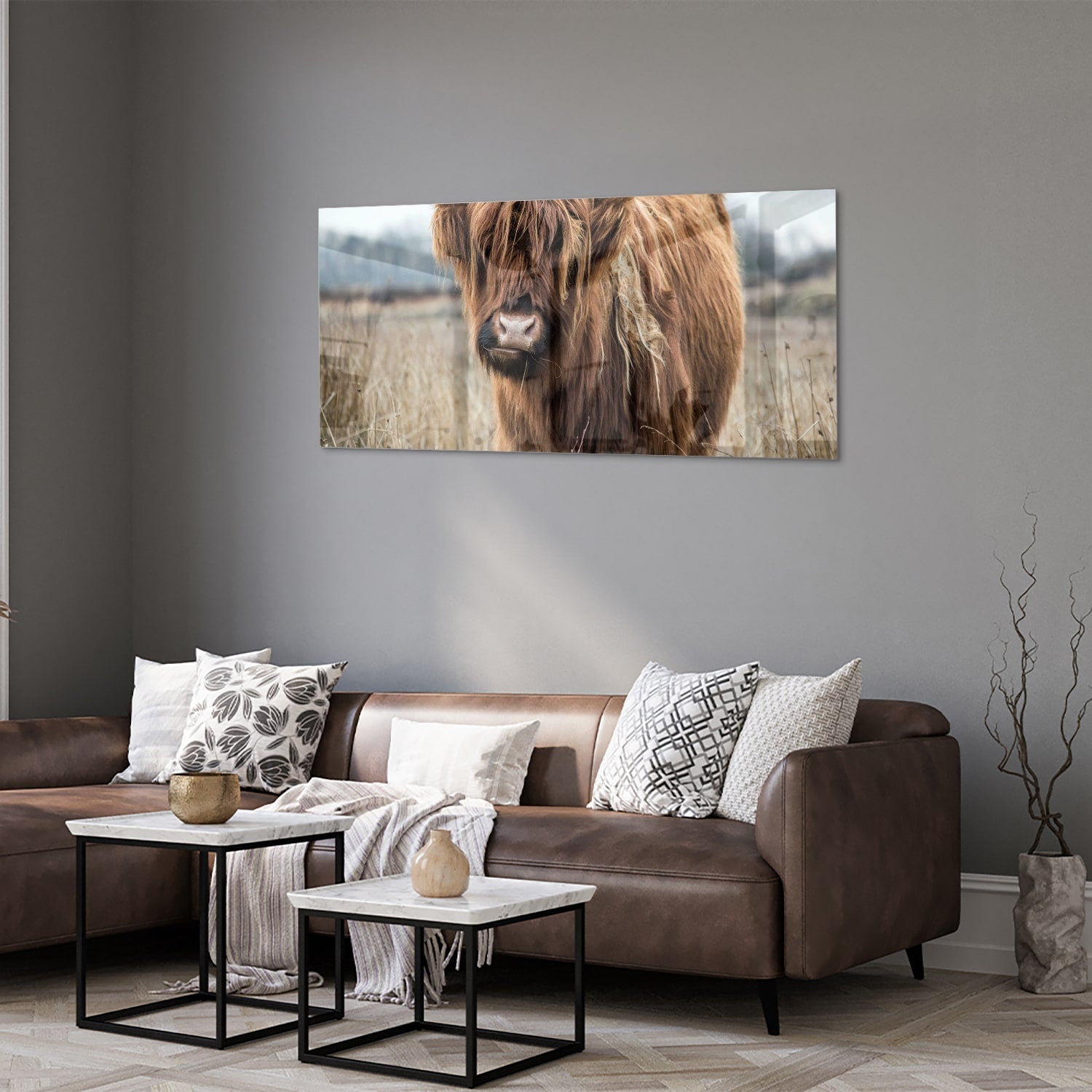 Glasbild mit Hochlandrind in Holzoptik – Glasbild aus Sicherheitsglas, Größe 40x40_rond