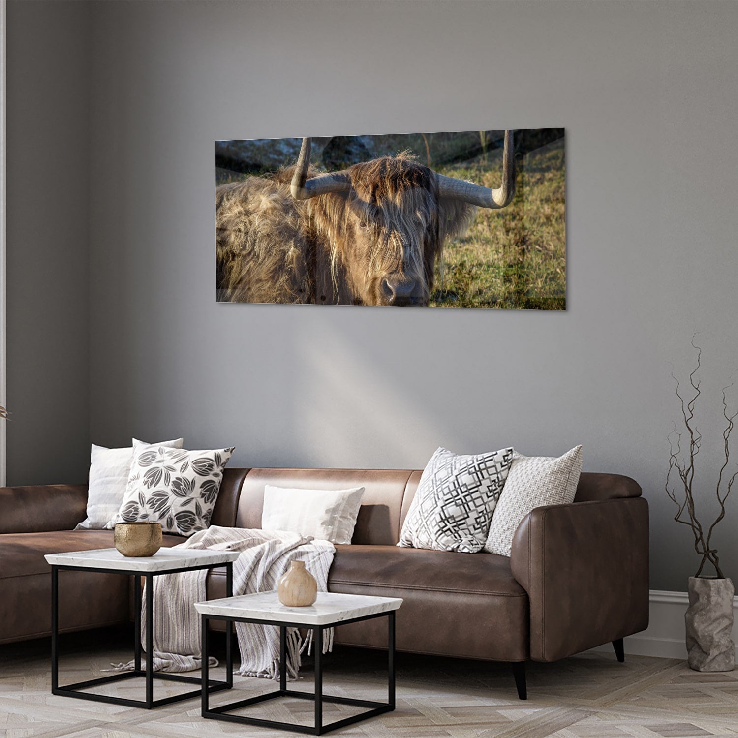 Glasbild mit einem Highland-Rind in natürlichem Licht – Glasbild aus Sicherheitsglas, Größe 40x40_rond