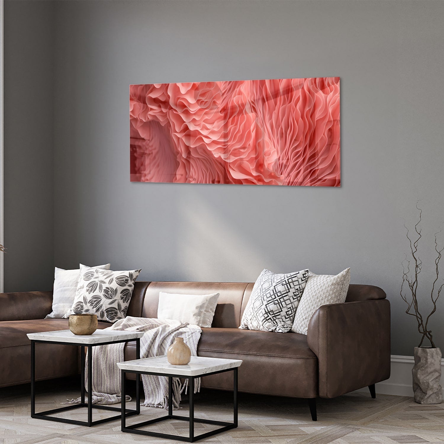 Abstraktes rosa Glasbild mit wellenförmigem Muster – Glasbild aus Sicherheitsglas, Größe 40x40_rond