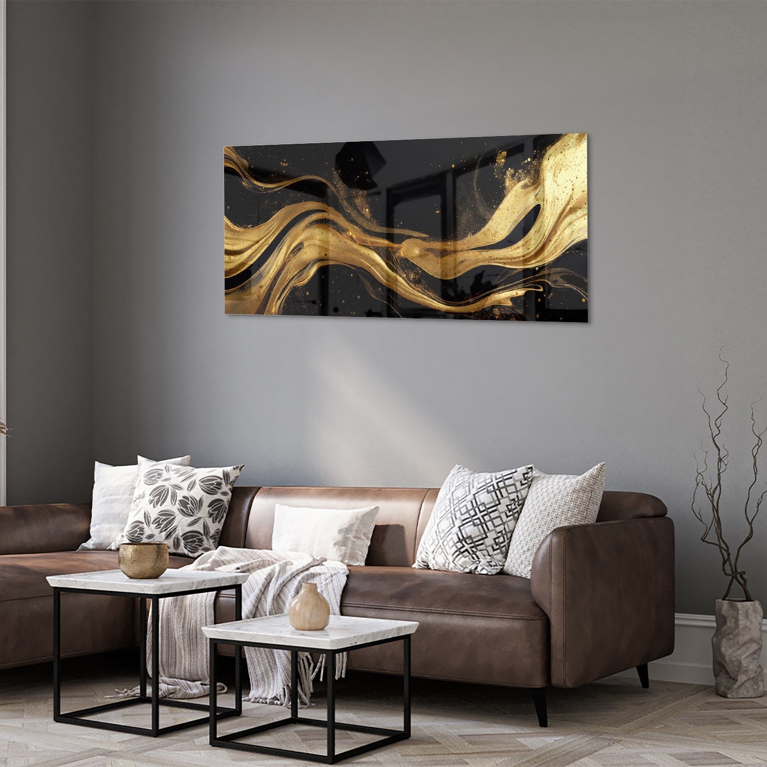 Elegantes Glasbild mit goldenen Linien – Glasbild aus Sicherheitsglas, Größe 40x40_rond