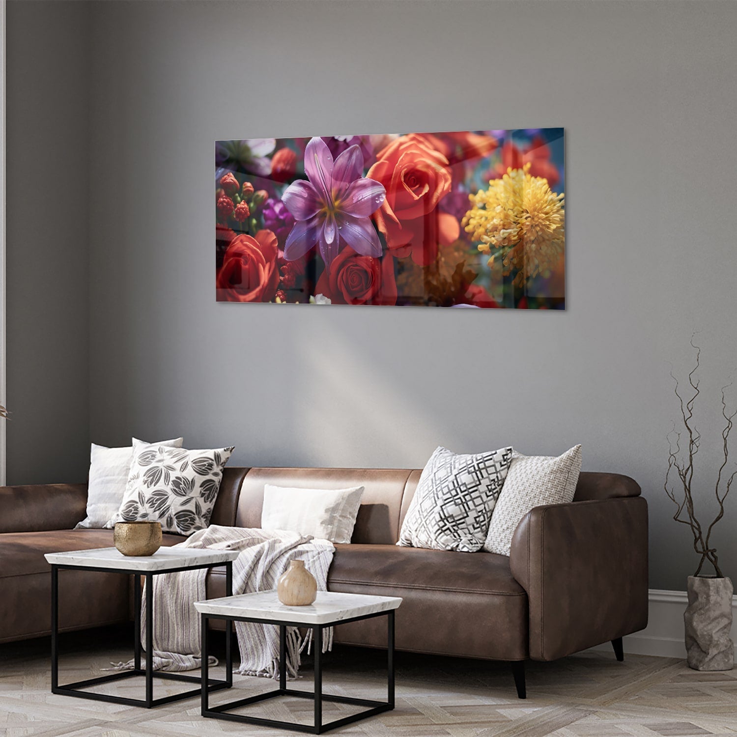 Farbenfrohes Glasbild mit Blütenpracht – Glasbild aus Sicherheitsglas, Größe 40x40_rond