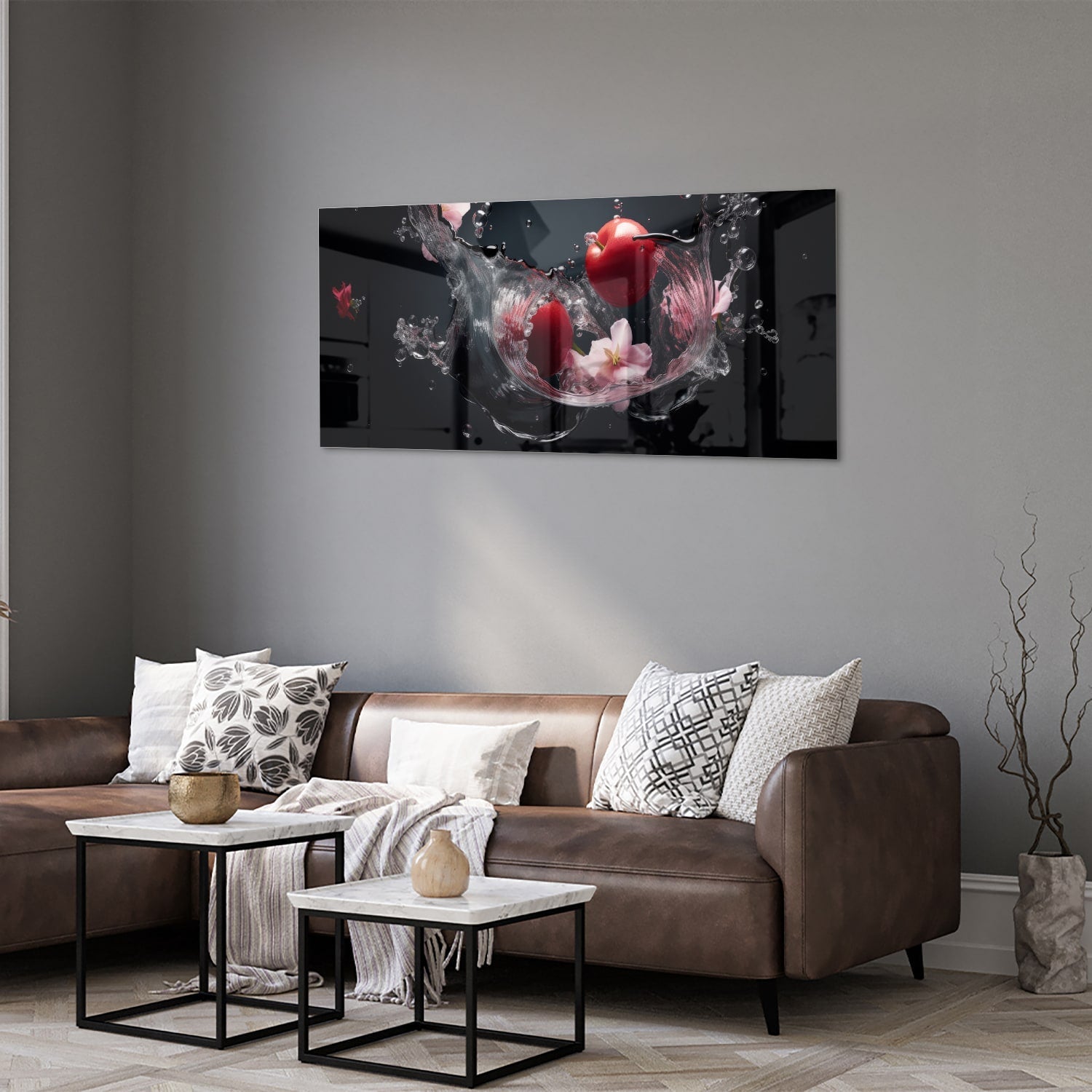 Glasbild mit rosa Blumen und Wassertropfen – Glasbild aus Sicherheitsglas, Größe 40x40_rond