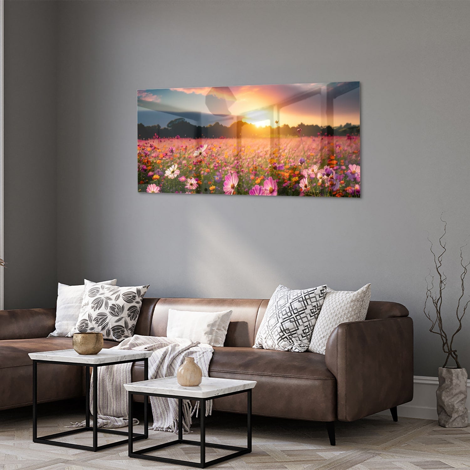 Glasbild – Sonnenuntergang über Blumenfeld – Glasbild aus Sicherheitsglas, Größe 40x40_rond