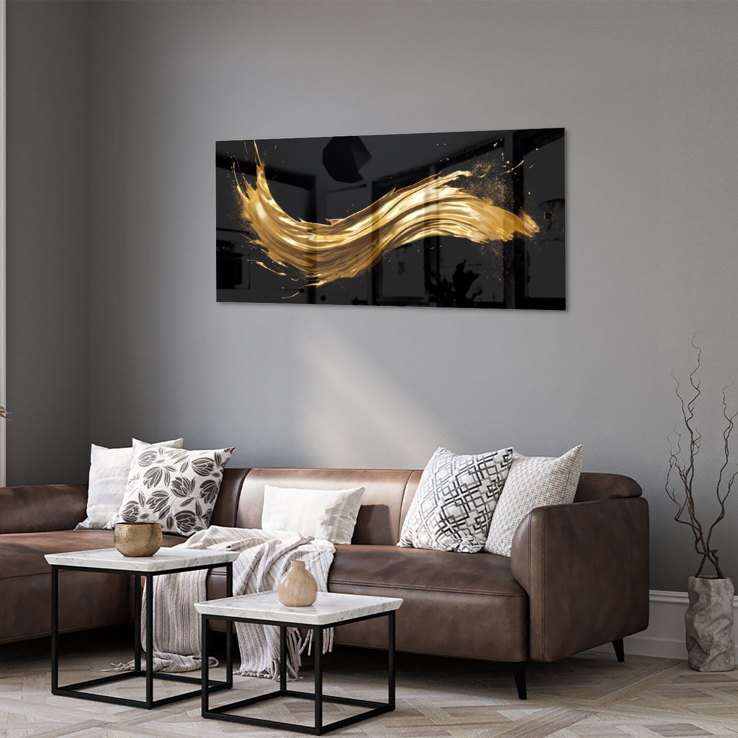 Glasbild mit goldenem Glanz auf schwarzem Hintergrund – Glasbild aus Sicherheitsglas, Größe 40x40_rond