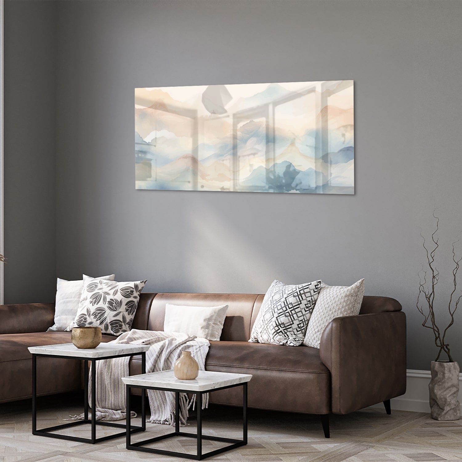Glasbild mit träumerischer Berglandschaft – Glasbild aus Sicherheitsglas, Größe 40x40_rond
