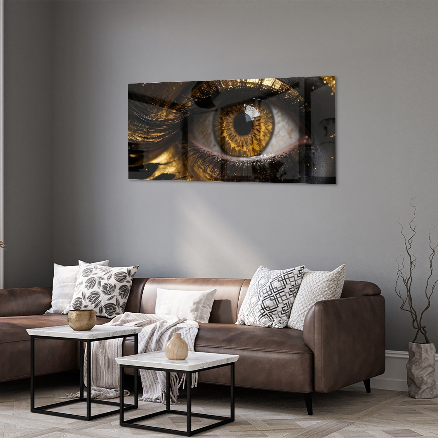 Glasbild Augen-Kunstwerk in Gold und Schwarz – Glasbild aus Sicherheitsglas, Größe 40x40_rond