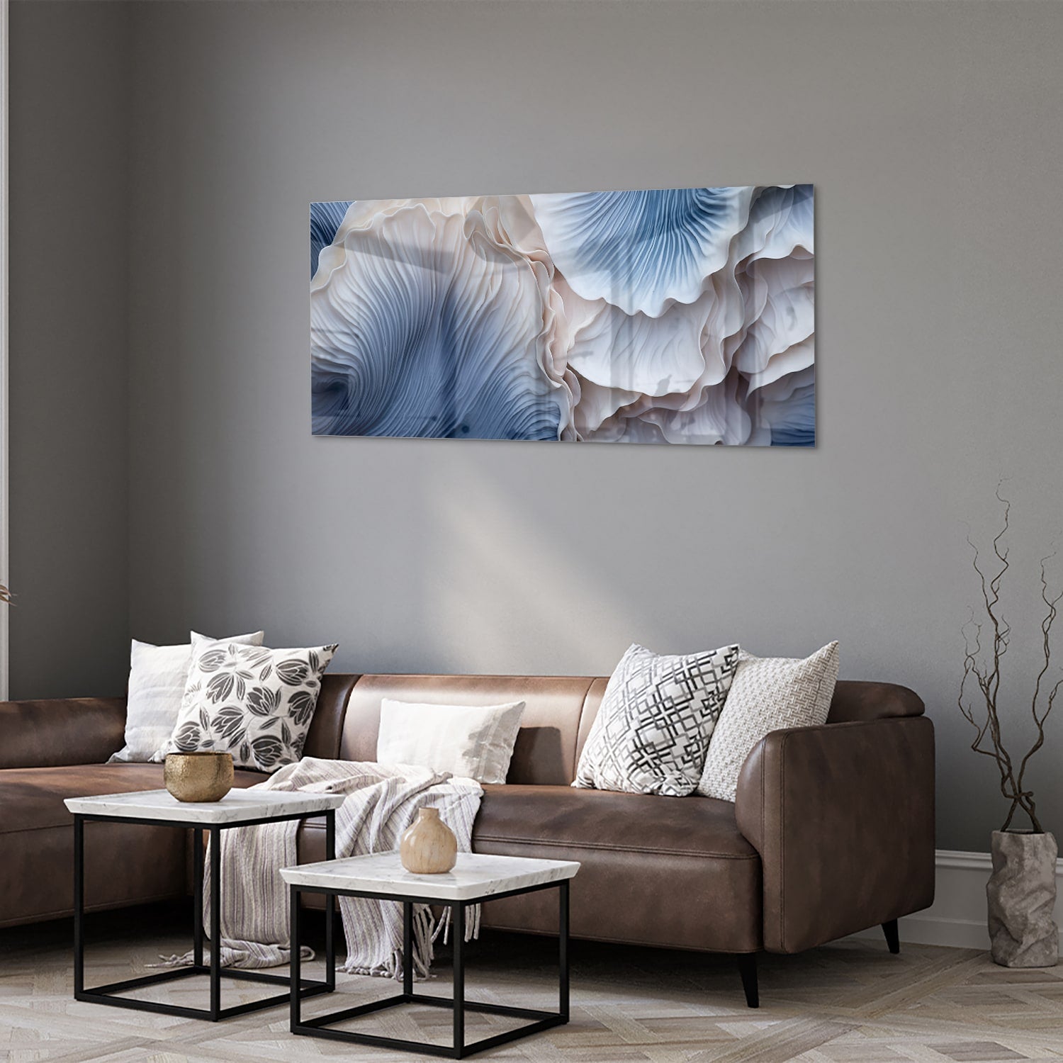 Elegantes Glasbild mit blauen und weißen Mustern – Glasbild aus Sicherheitsglas, Größe 40x40_rond