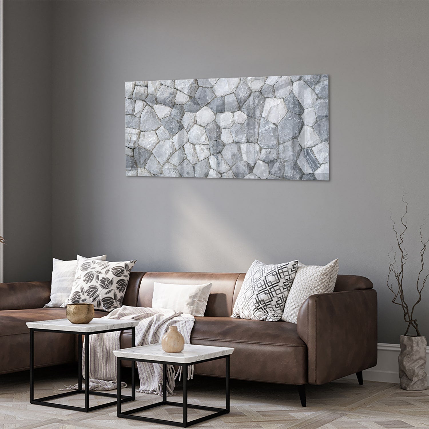 Elegantes Glasbild mit grauen Steinen – Glasbild aus Sicherheitsglas, Größe 40x40_rond