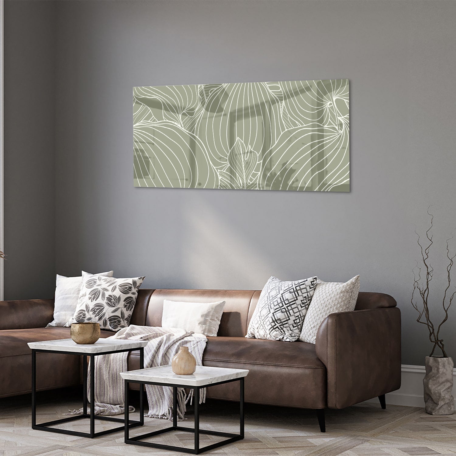 Glasbild mit sanften Linien und Erdtönen – Glasbild aus Sicherheitsglas, Größe 40x40_rond