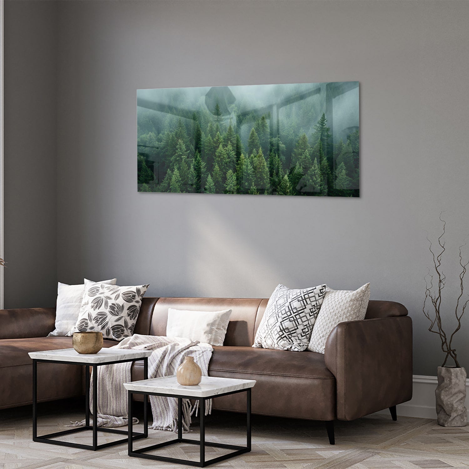 Glasbild mit nebligen Tannenwäldern – Glasbild aus Sicherheitsglas, Größe 40x40_rond