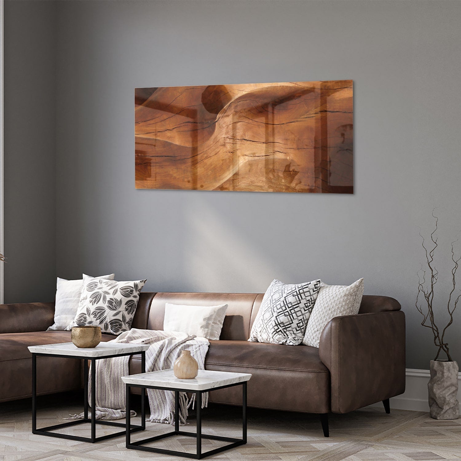 Abstraktes Glasbild mit warmen Holztönen – Glasbild aus Sicherheitsglas, Größe 40x40_rond