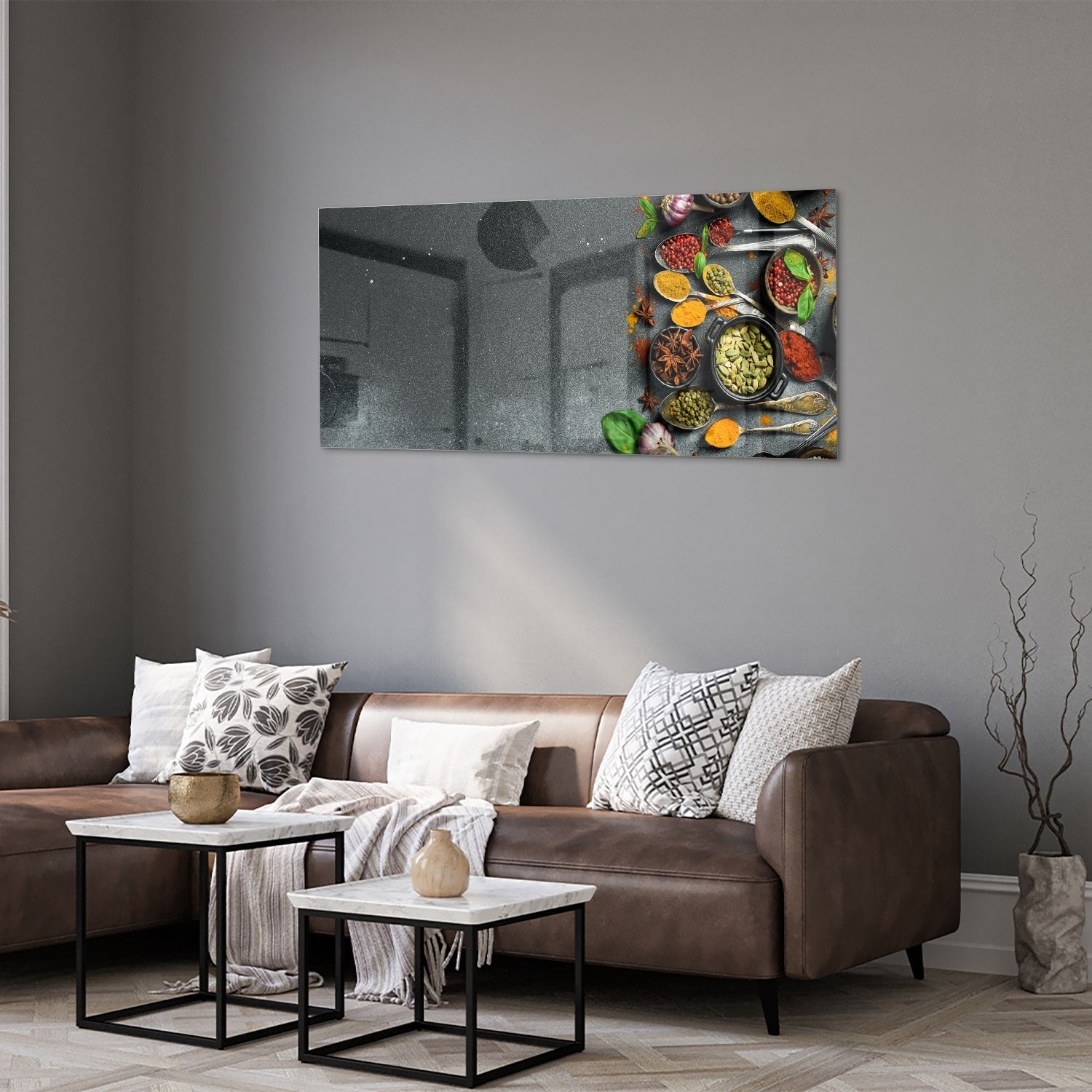 Farbenfrohes Glasbild mit Kräutern und Gewürzen – Glasbild aus Sicherheitsglas, Größe 40x40_rond