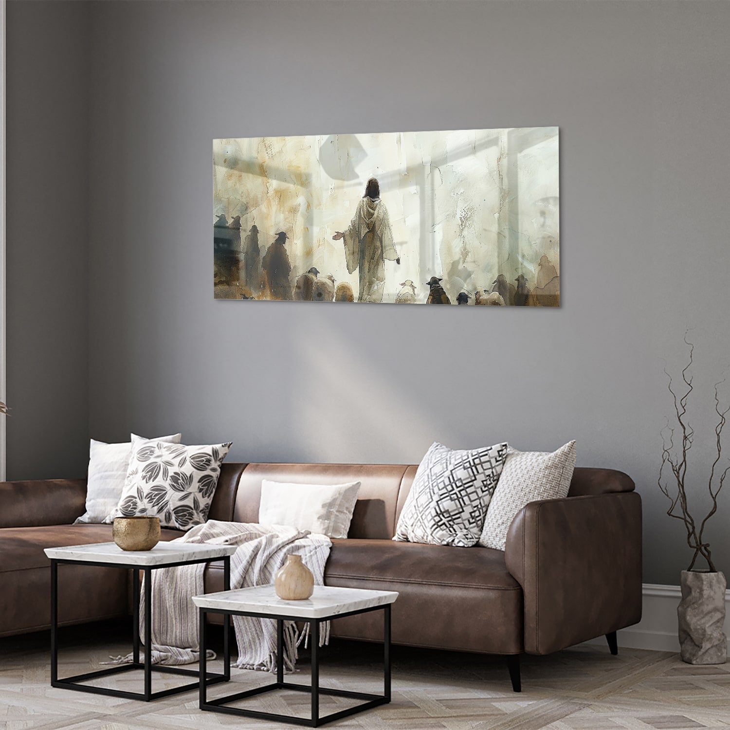 Glasbild mit spirituellem Wegweiser und Schafen – Glasbild aus Sicherheitsglas, Größe 40x40_rond