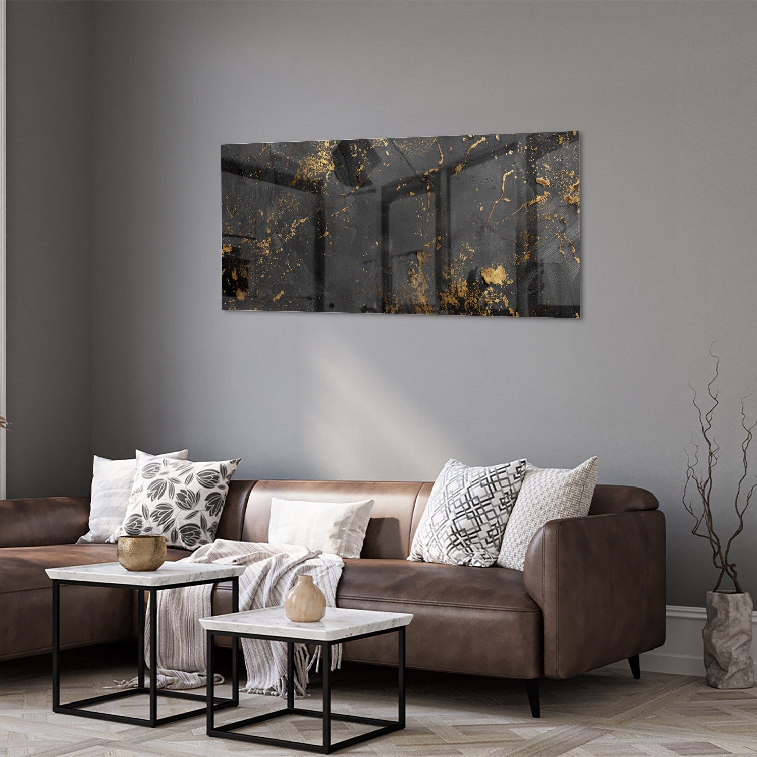 Gold-schwarzes Glasbild mit abstrakten Spritzern – Glasbild aus Sicherheitsglas, Größe 40x40_rond