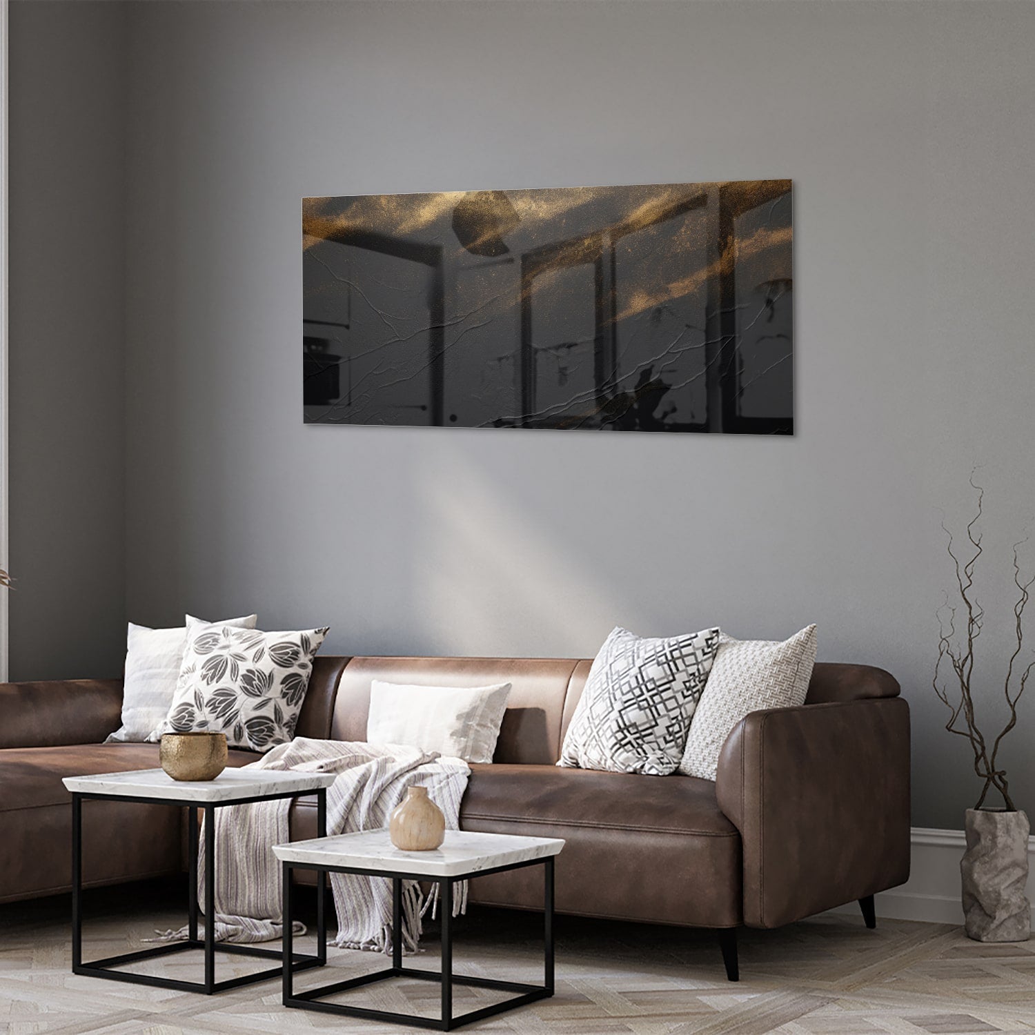Modernes Glasbild mit goldenen Akzenten – Glasbild aus Sicherheitsglas, Größe 40x40_rond