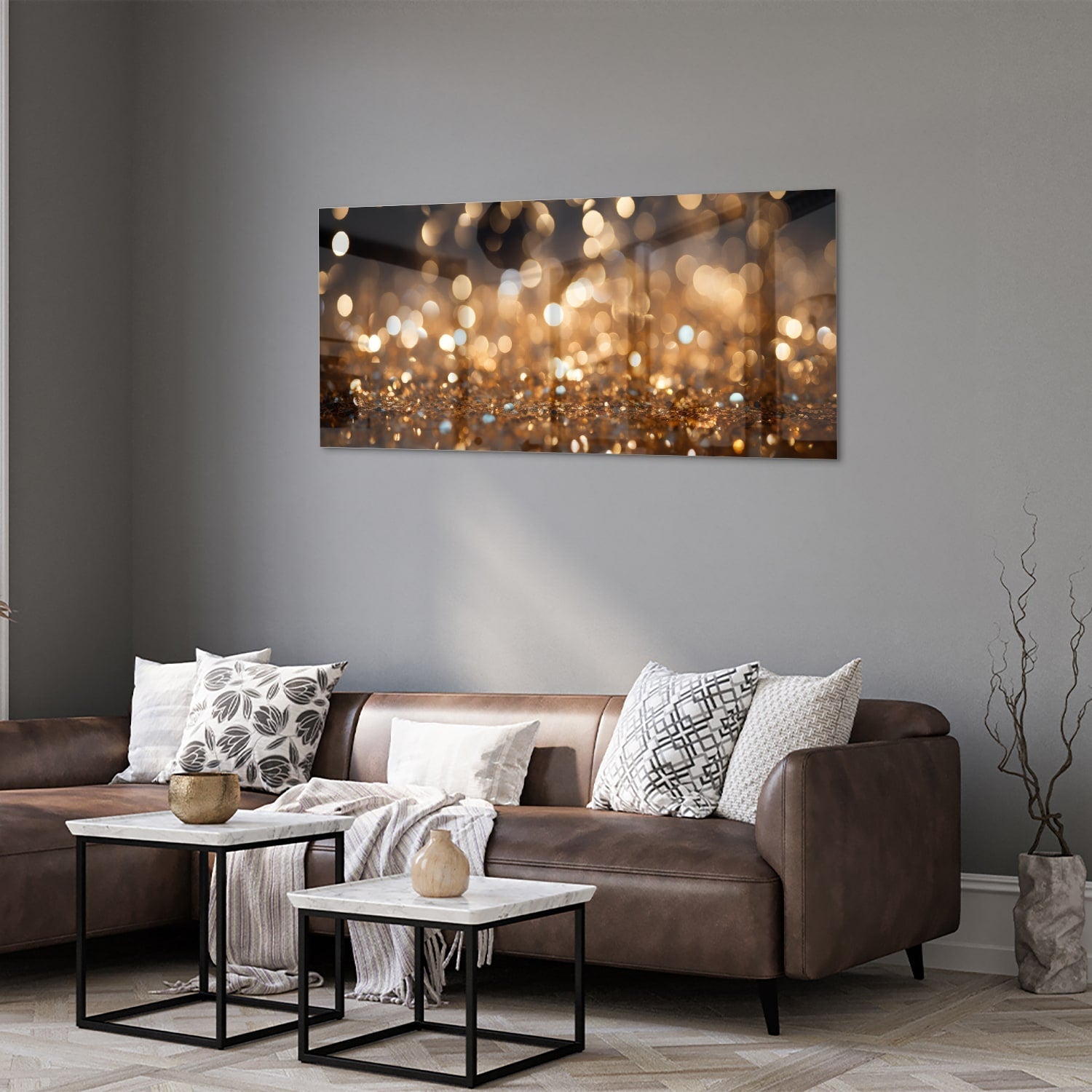 Glasbild mit goldenem Bokeh in moderner Szenerie – Glasbild aus Sicherheitsglas, Größe 40x40_rond