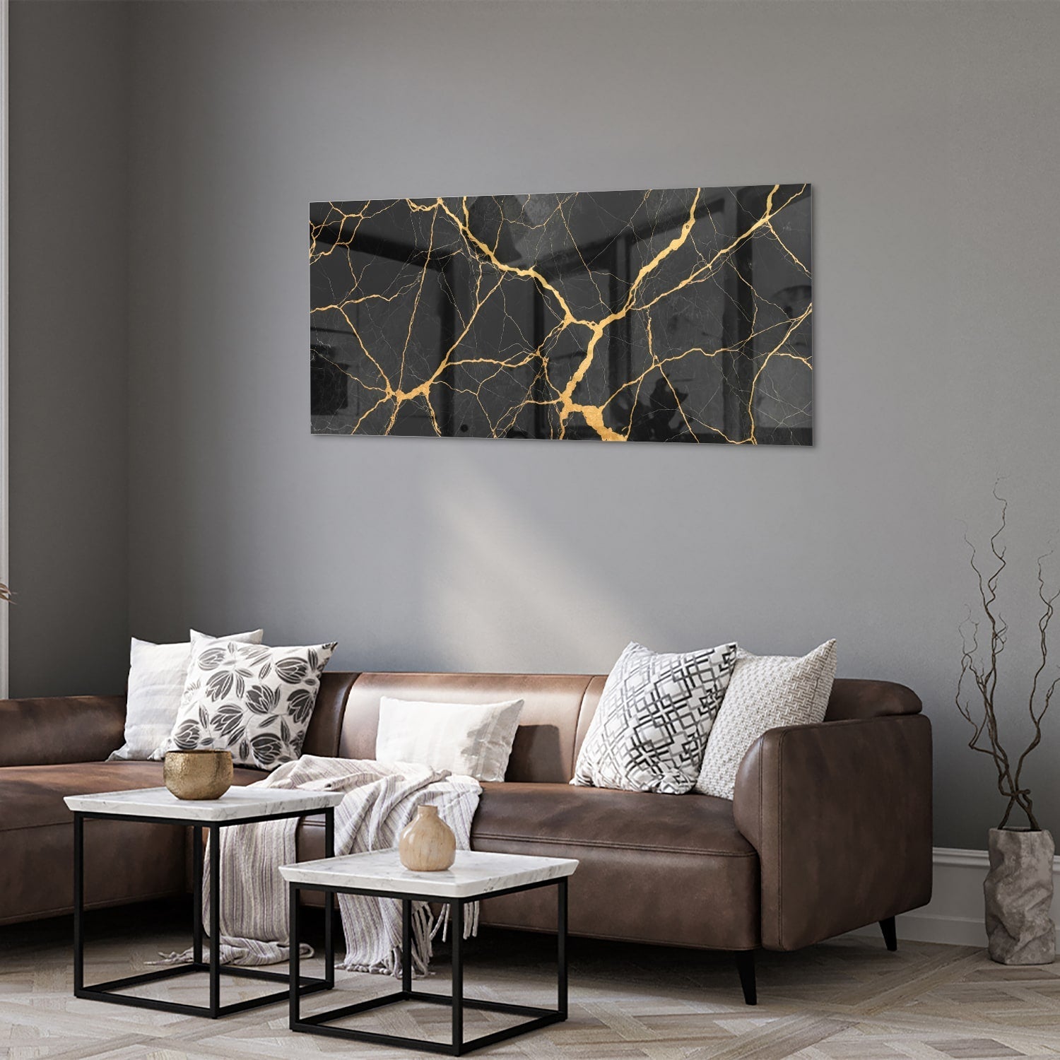 Elegantes Glasbild mit schwarz-goldenem Muster – Glasbild aus Sicherheitsglas, Größe 40x40_rond