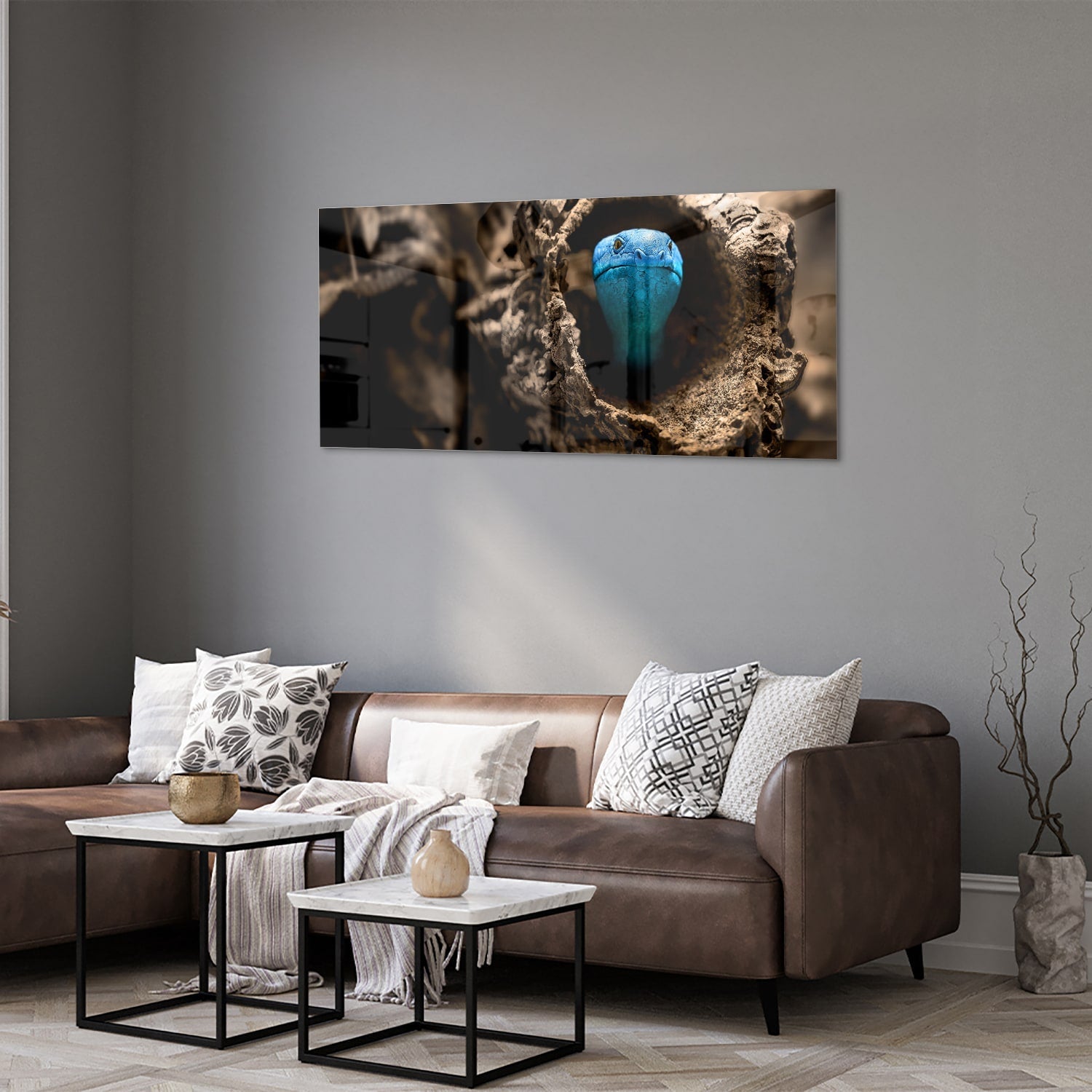 Glasbild mit einer blauen Perle in einem Nest – Glasbild aus Sicherheitsglas, Größe 40x40_rond
