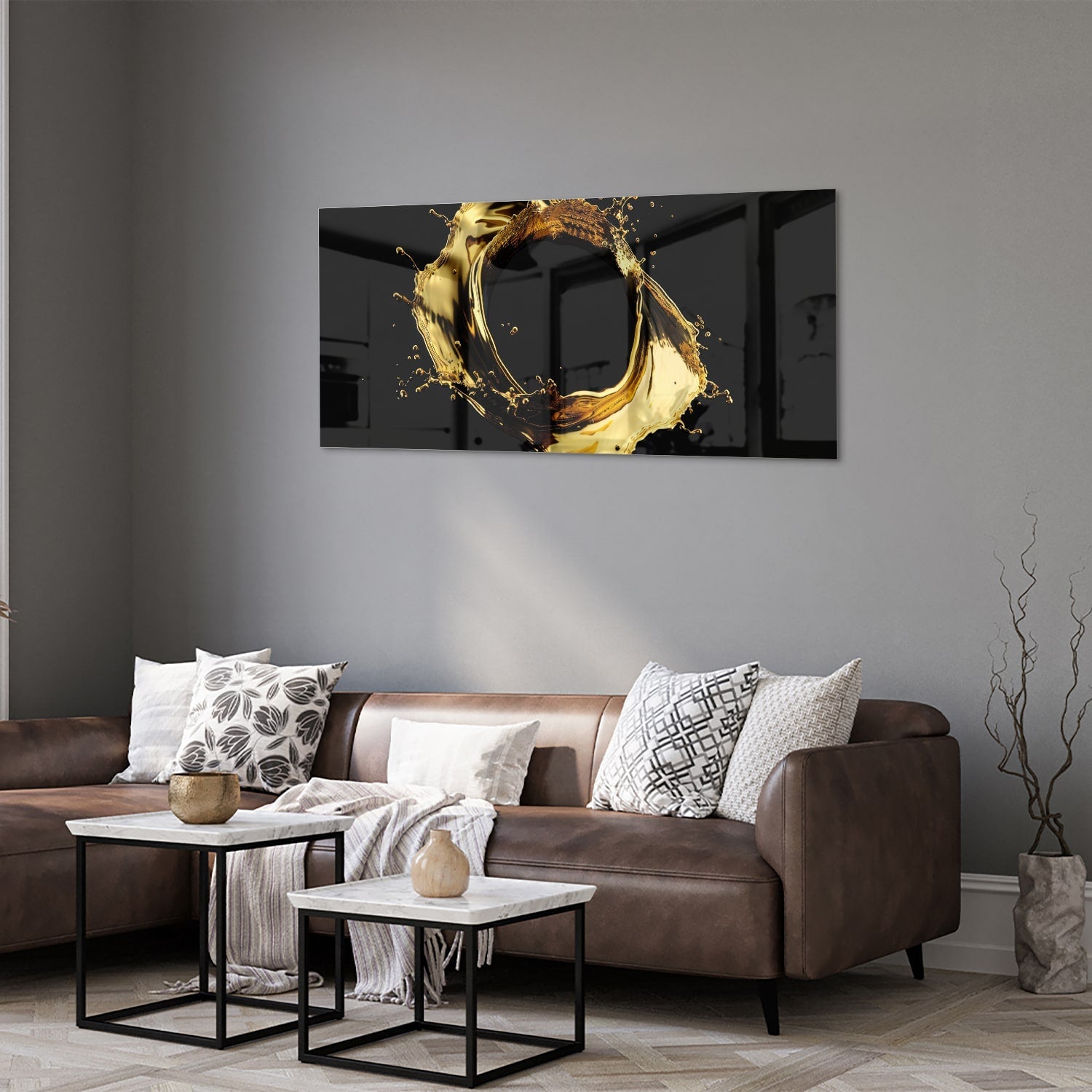 Glasbild mit Spritzern auf schwarzer Fläche – Glasbild aus Sicherheitsglas, Größe 40x40_rond