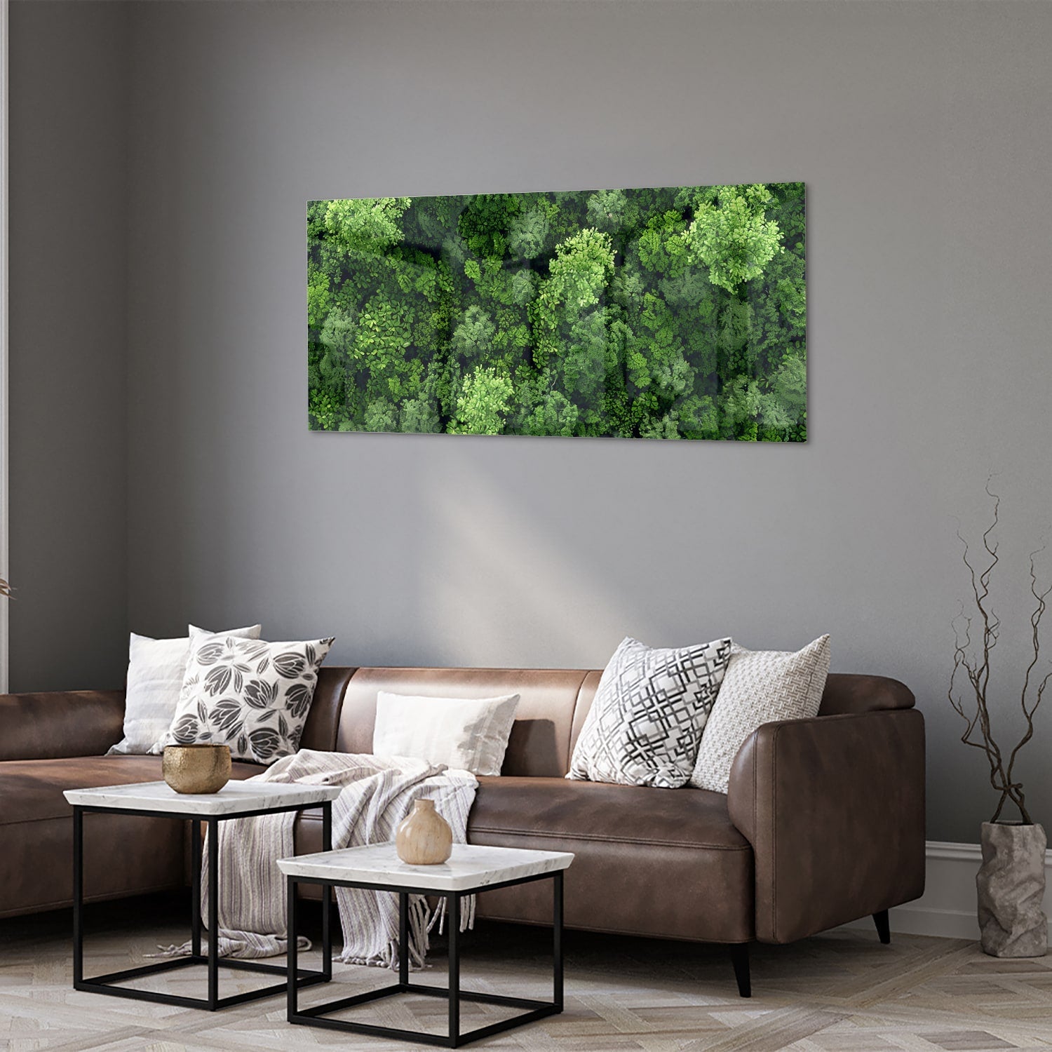 Glasbild mit Himmelsmotiv und üppigem grünen Wald – Glasbild aus Sicherheitsglas, Größe 40x40_rond