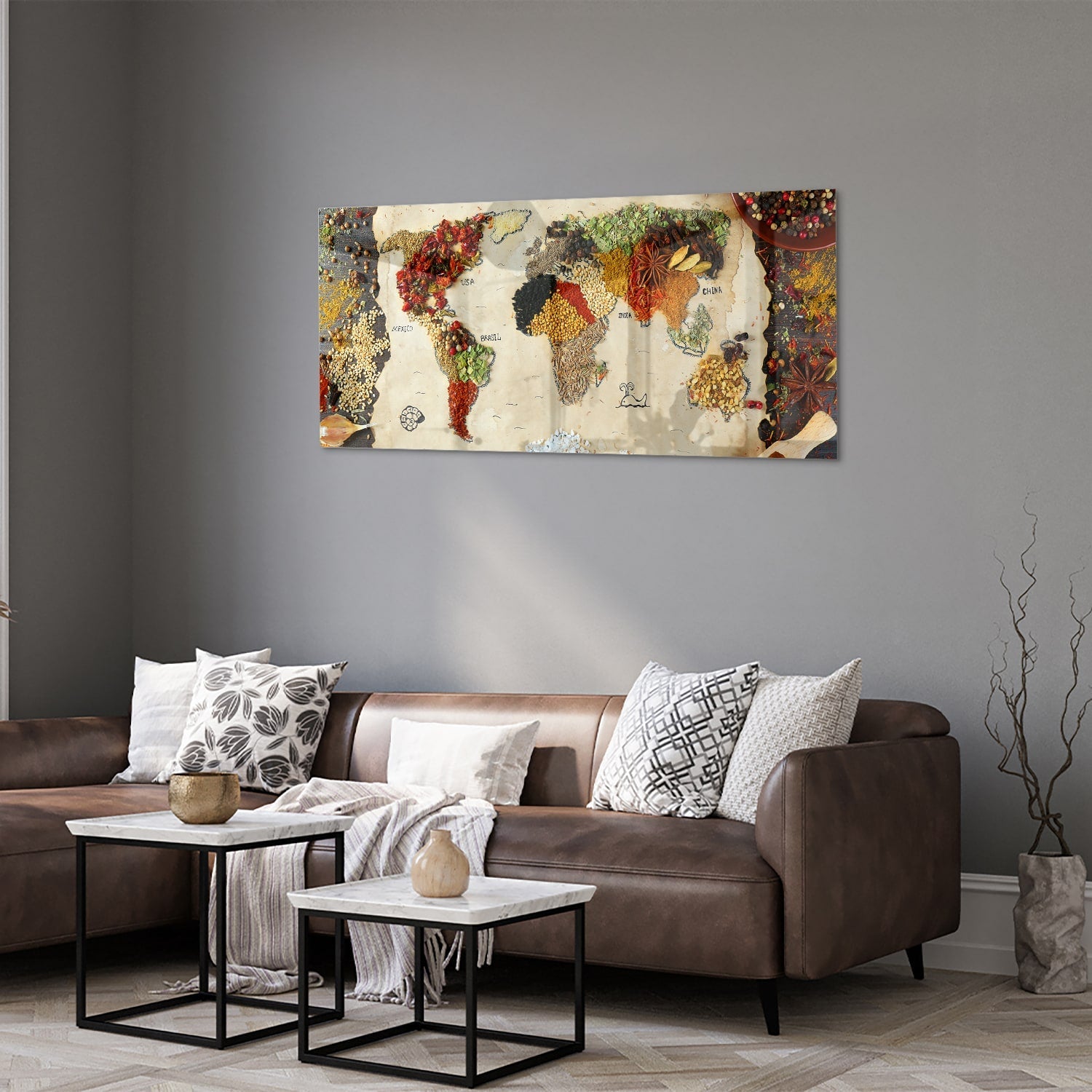 Farbenfrohes Glasbild mit Früchten und Gewürzen – Glasbild aus Sicherheitsglas, Größe 40x40_rond