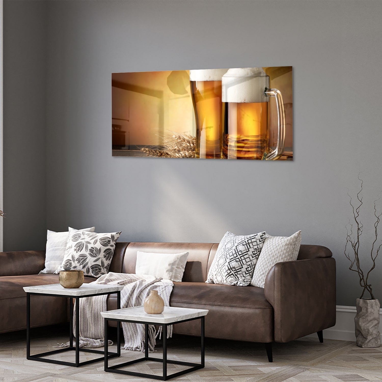 Stilvolles Glasbild mit Bier und Gerste – Glasbild aus Sicherheitsglas, Größe 40x40_rond