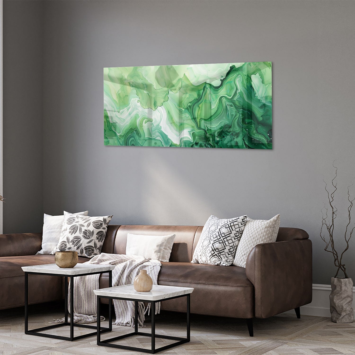 Grünes marmoriertes Glasbild für moderne Innenräume – Glasbild aus Sicherheitsglas, Größe 40x40_rond
