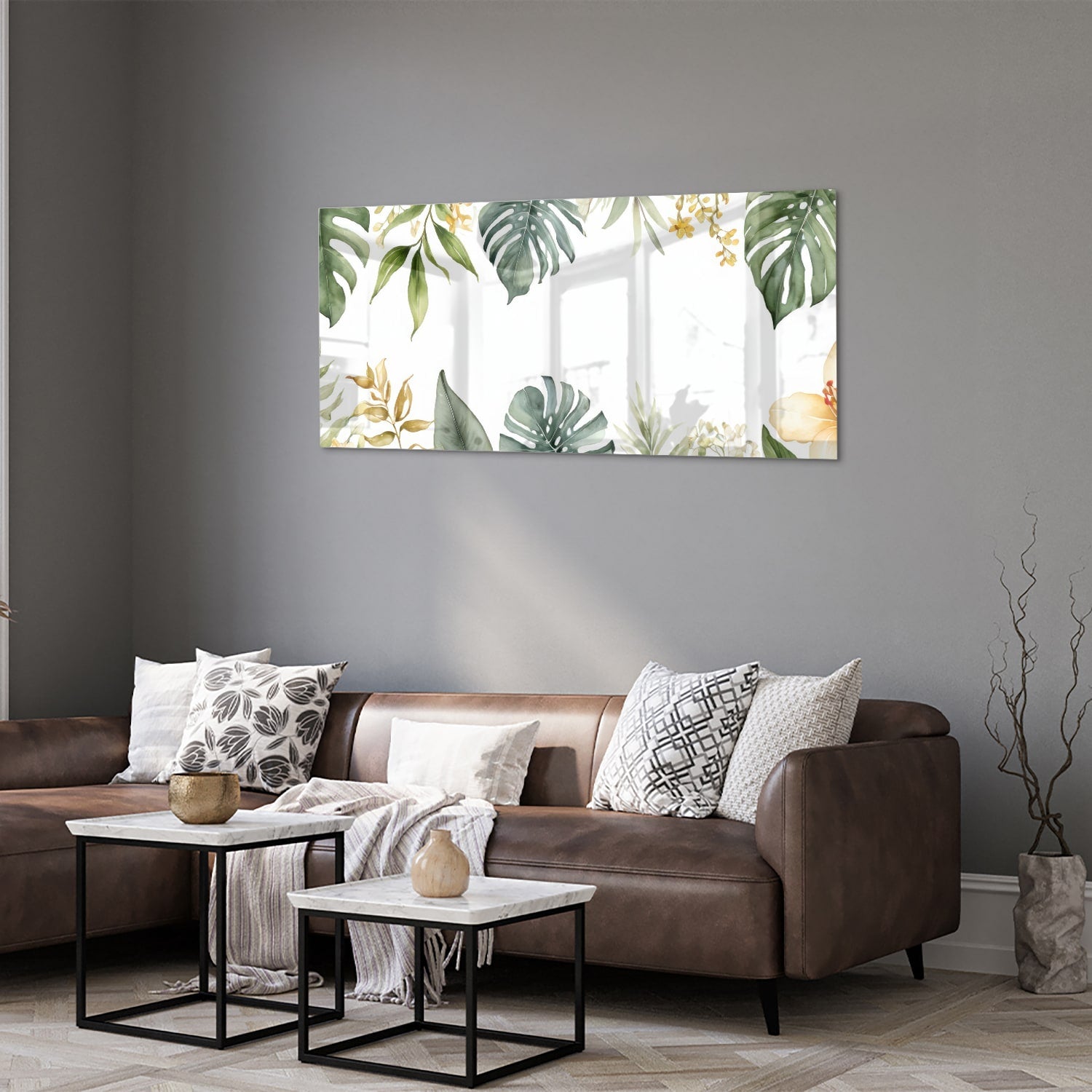 Glasbild mit tropischen Blättern und botanischer Flora – Glasbild aus Sicherheitsglas, Größe 40x40_rond