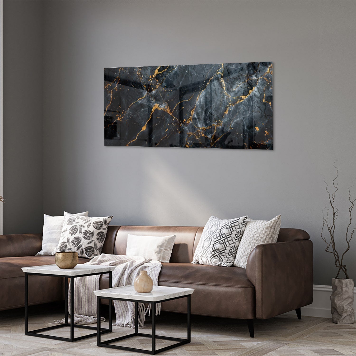 Elegantes Glasbild mit Marmoroptik und goldenen Adern – Glasbild aus Sicherheitsglas, Größe 40x40_rond