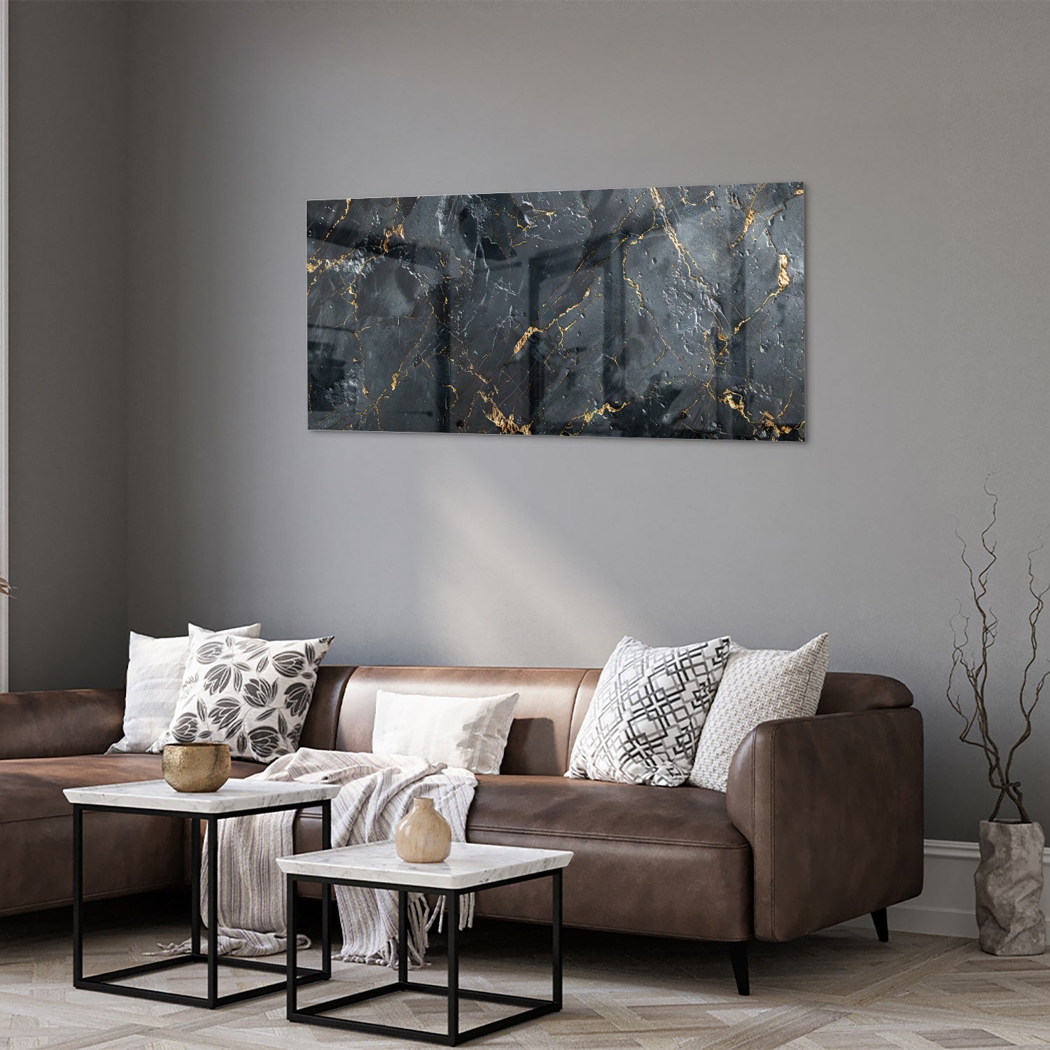 Elegantes Glasbild mit goldener Marmoroptik – Glasbild aus Sicherheitsglas, Größe 40x40_rond