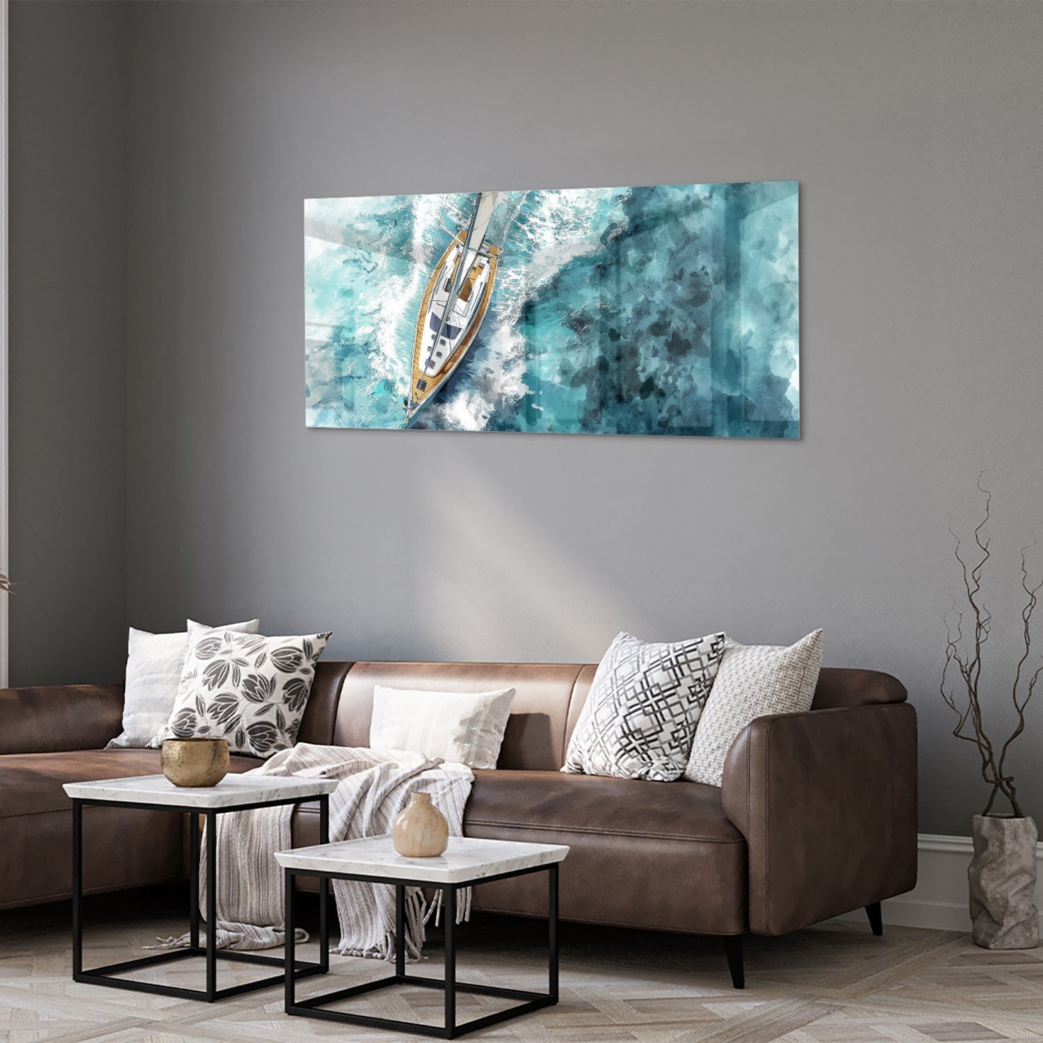 Wunderschönes Glasbild mit einer Yacht auf dem See – Glasbild aus Sicherheitsglas, Größe 40x40_rond