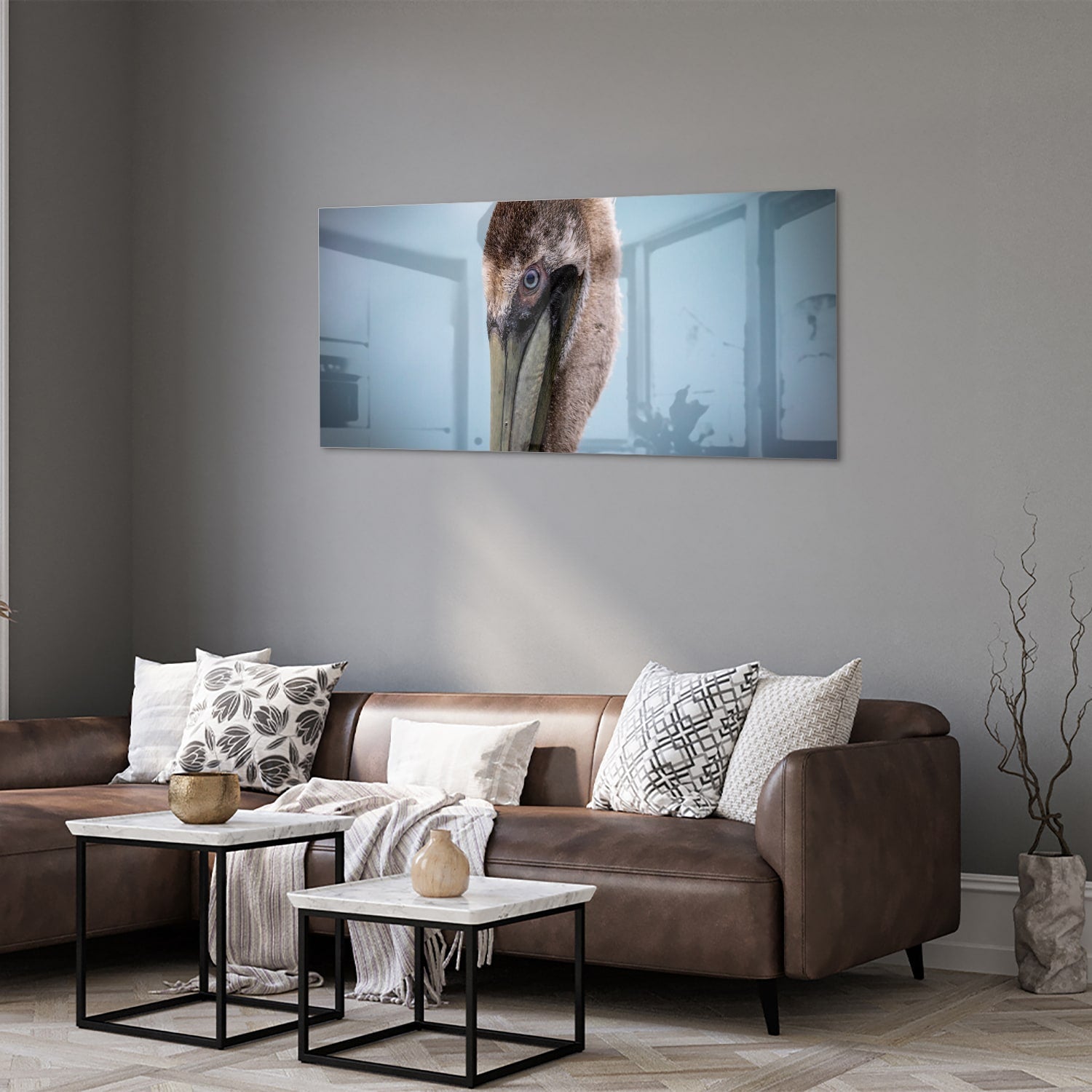 Stilvolles Glasbild mit Pelikan-Porträt – Glasbild aus Sicherheitsglas, Größe 40x40_rond