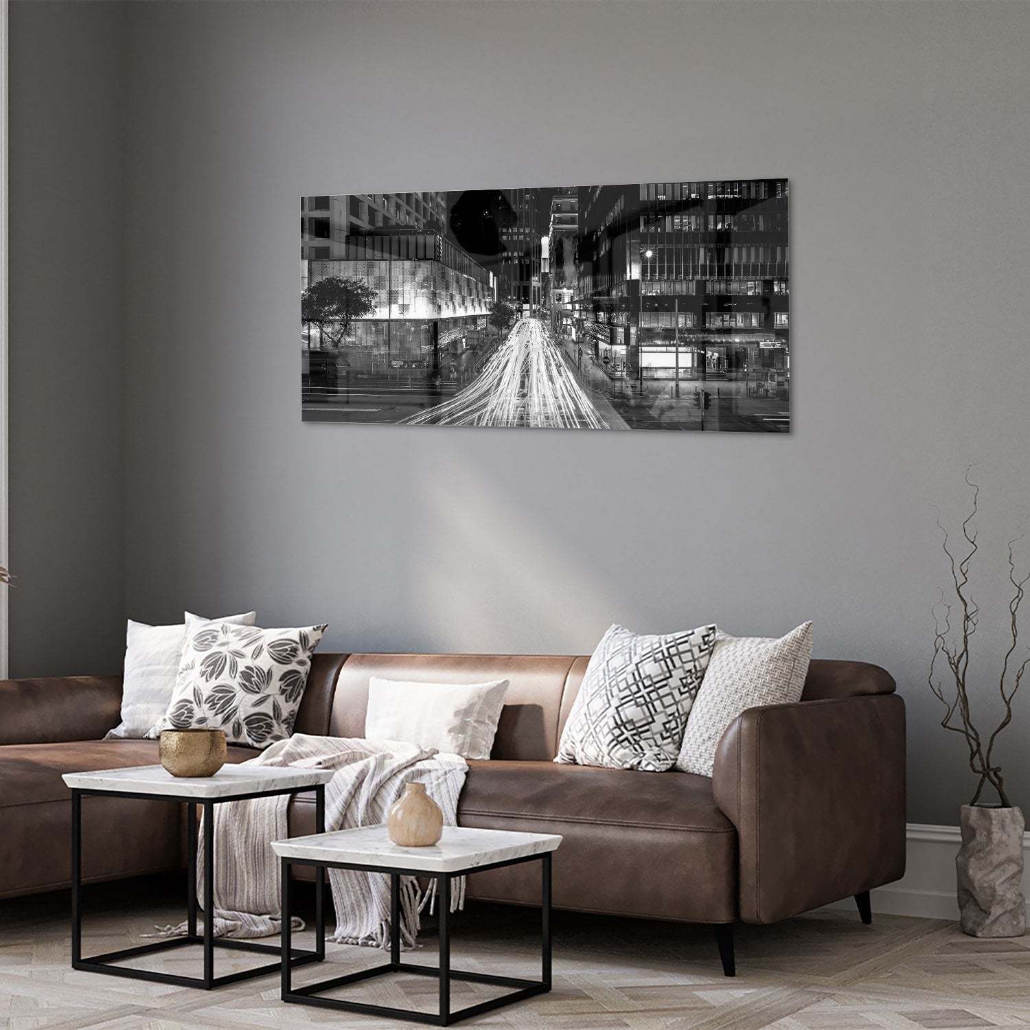 Schwarz-Weiß-Glasbild mit Stadtlichtern – Glasbild aus Sicherheitsglas, Größe 40x40_rond