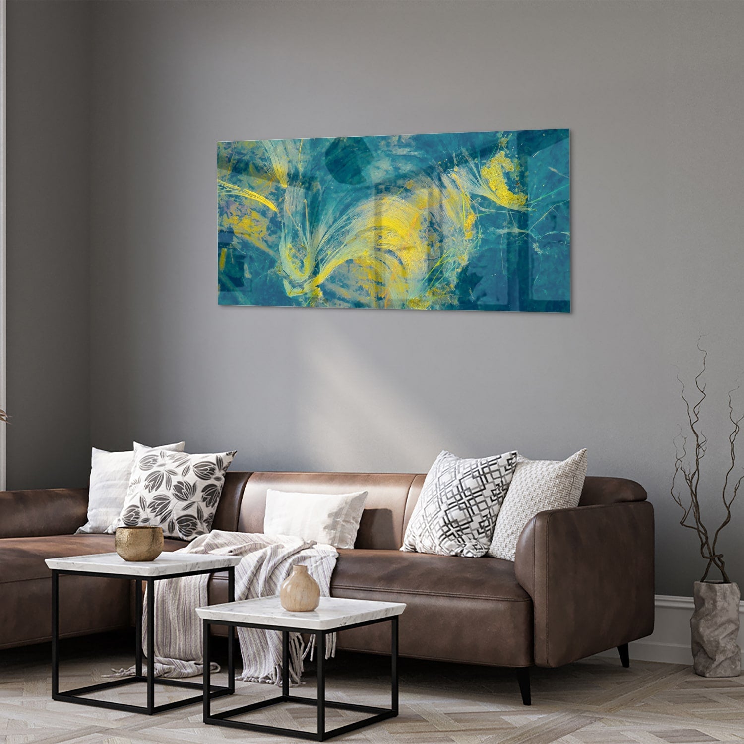 Farbenfrohes Glasbild mit abstraktem blau-gelbem Muster – Glasbild aus Sicherheitsglas, Größe 40x40_rond
