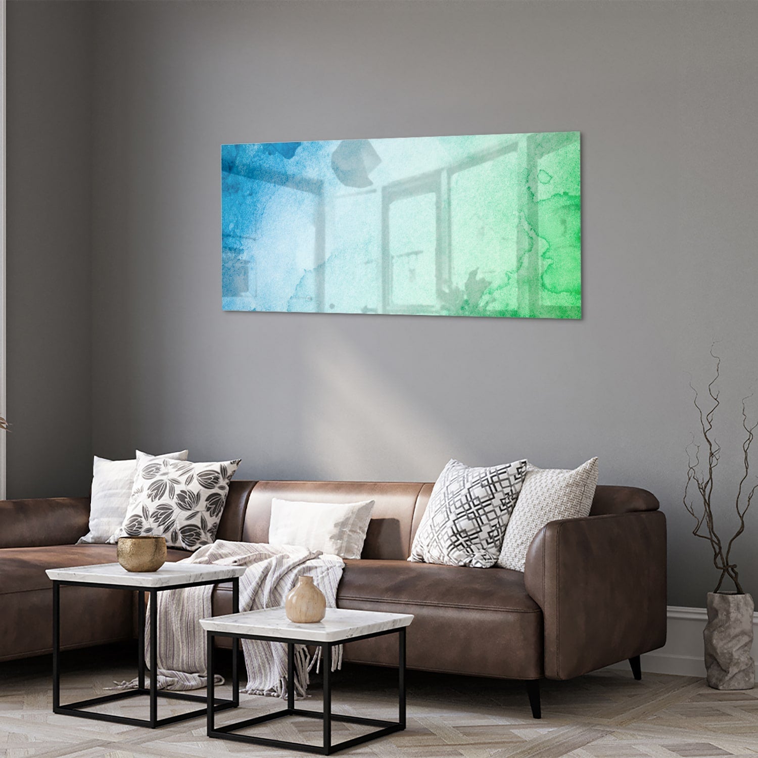 Abstraktes Glasbild in Blau und Grün – Glasbild aus Sicherheitsglas, Größe 40x40_rond