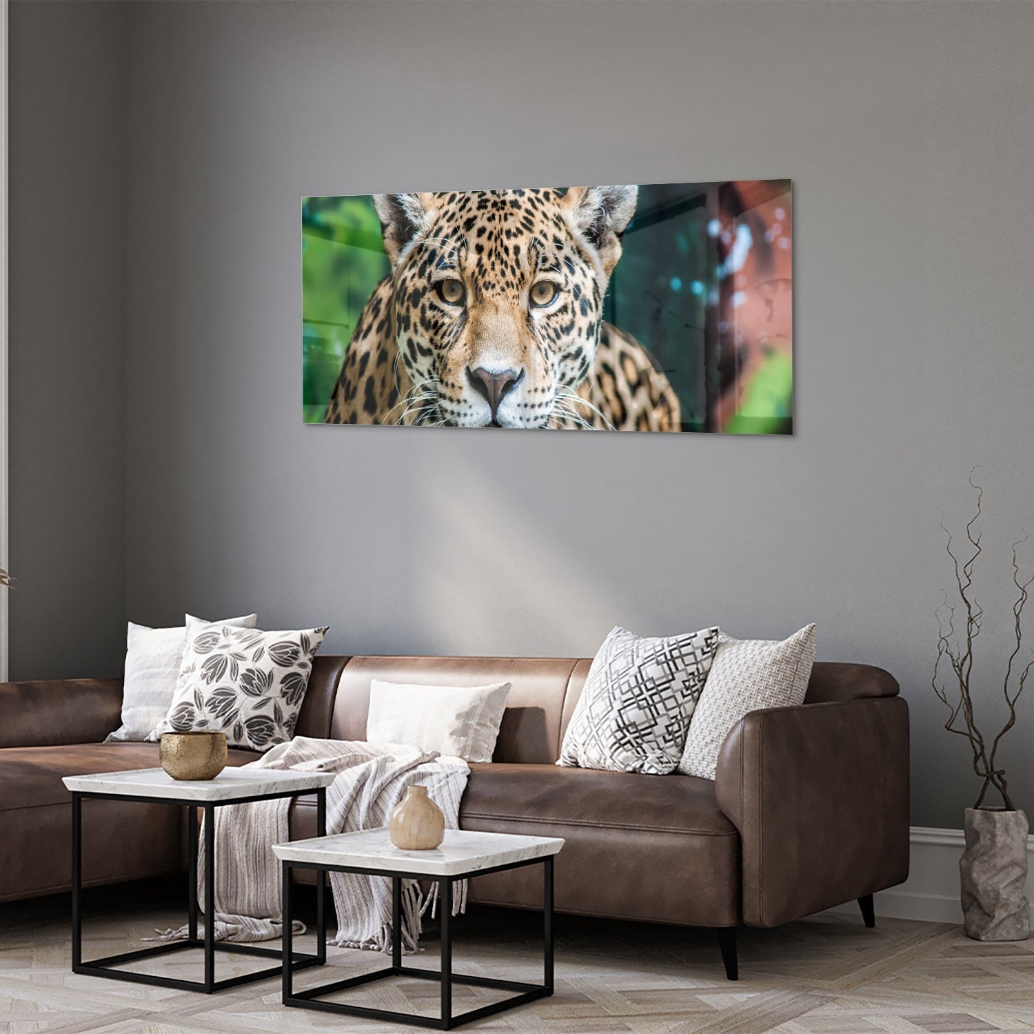 Beeindruckendes Glasbild mit einem Jaguar – Glasbild aus Sicherheitsglas, Größe 40x40_rond