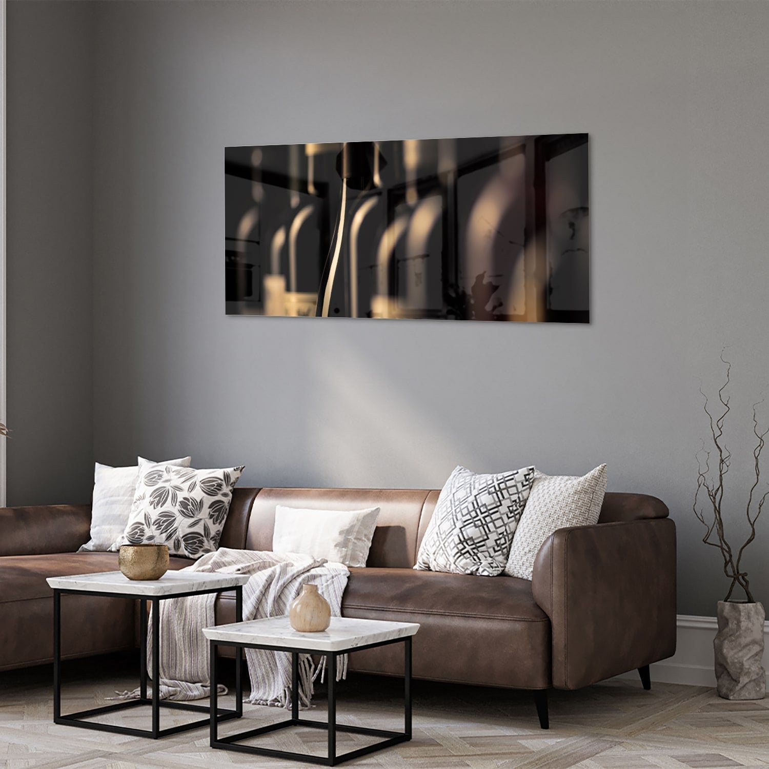 Elegantes Glasbild mit Weinflaschen – Glasbild aus Sicherheitsglas, Größe 40x40_rond