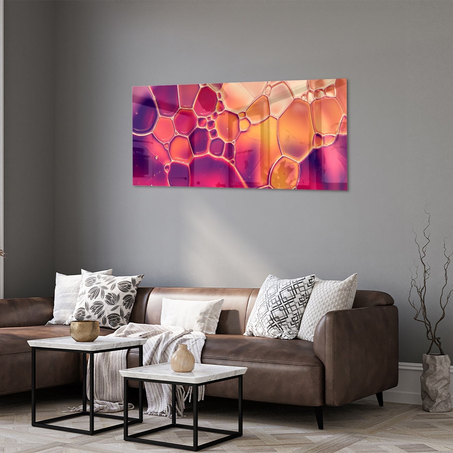 Abstraktes Glasbild in warmen Farben – Glasbild aus Sicherheitsglas, Größe 40x40_rond