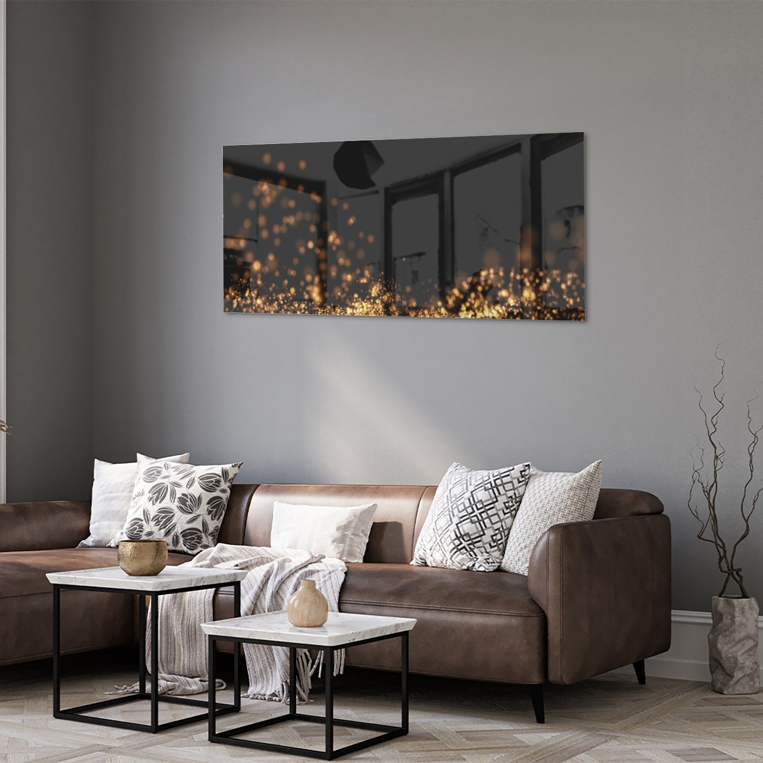 Glasbild mit goldenen Lichtpunkten auf schwarzem Hintergrund – Glasbild aus Sicherheitsglas, Größe 40x40_rond