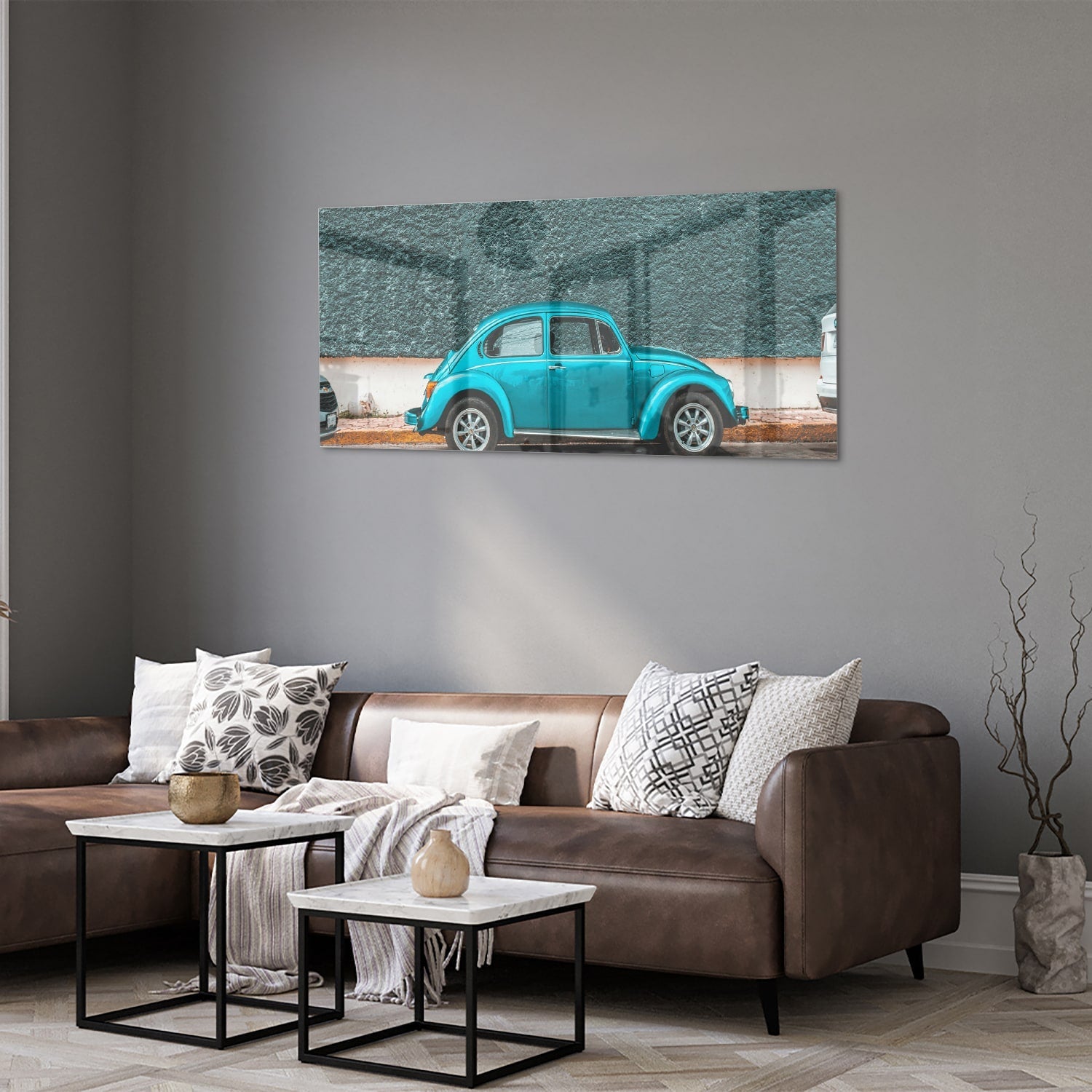 Stilvolles Glasbild mit einem türkisen Auto – Glasbild aus Sicherheitsglas, Größe 40x40_rond