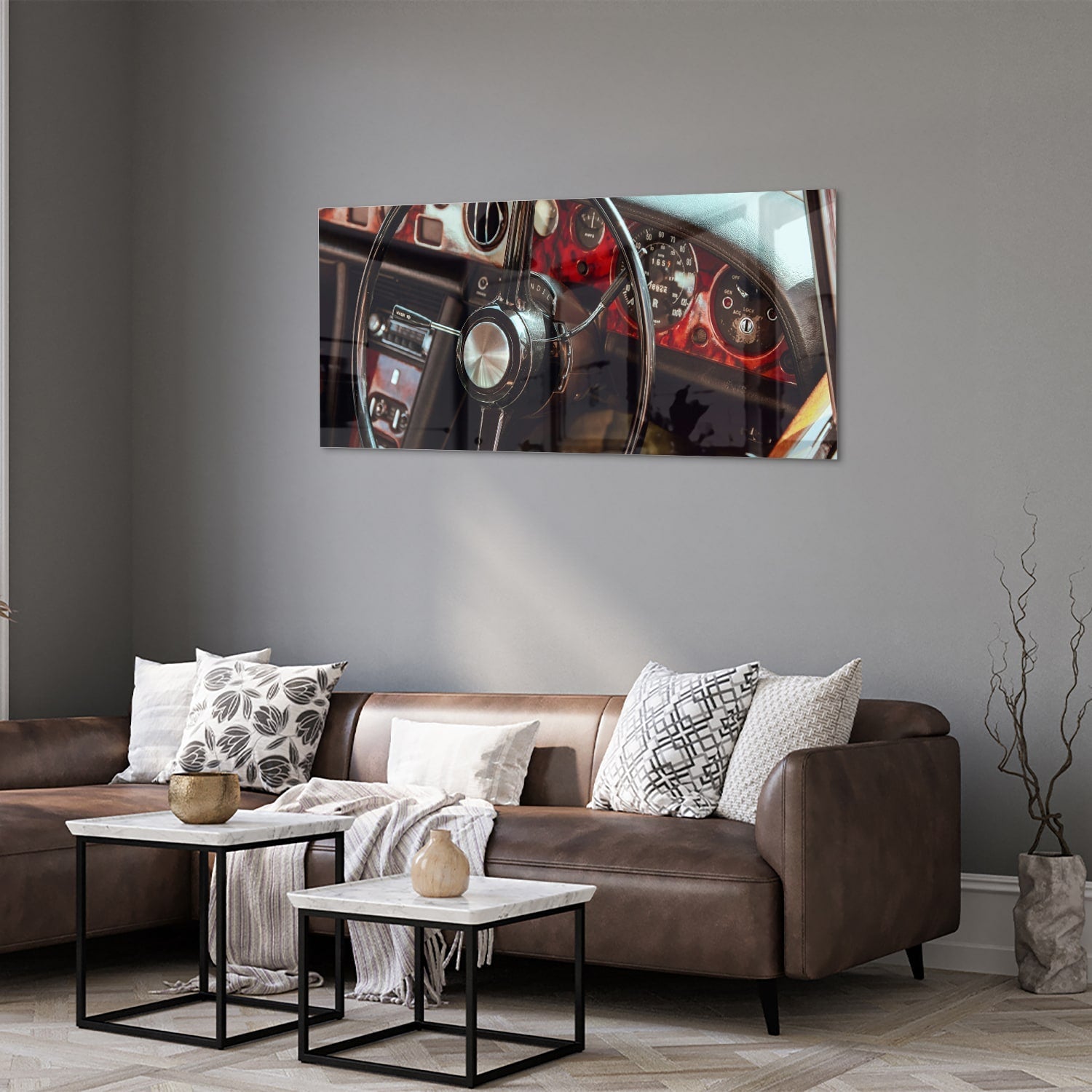Retro-Auto-Glasbild mit Armaturenbrett für Liebhaber – Glasbild aus Sicherheitsglas, Größe 40x40_rond