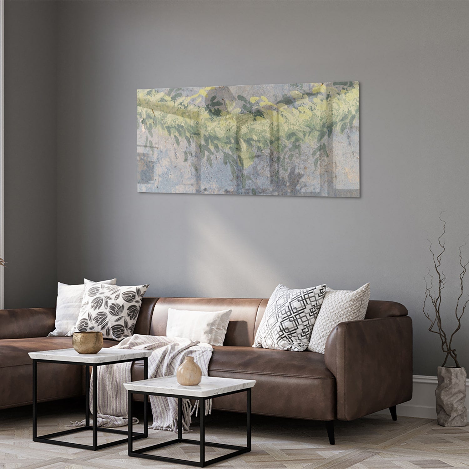 Fröhliches Glasbild mit gelben Blumen – Glasbild aus Sicherheitsglas, Größe 40x40_rond