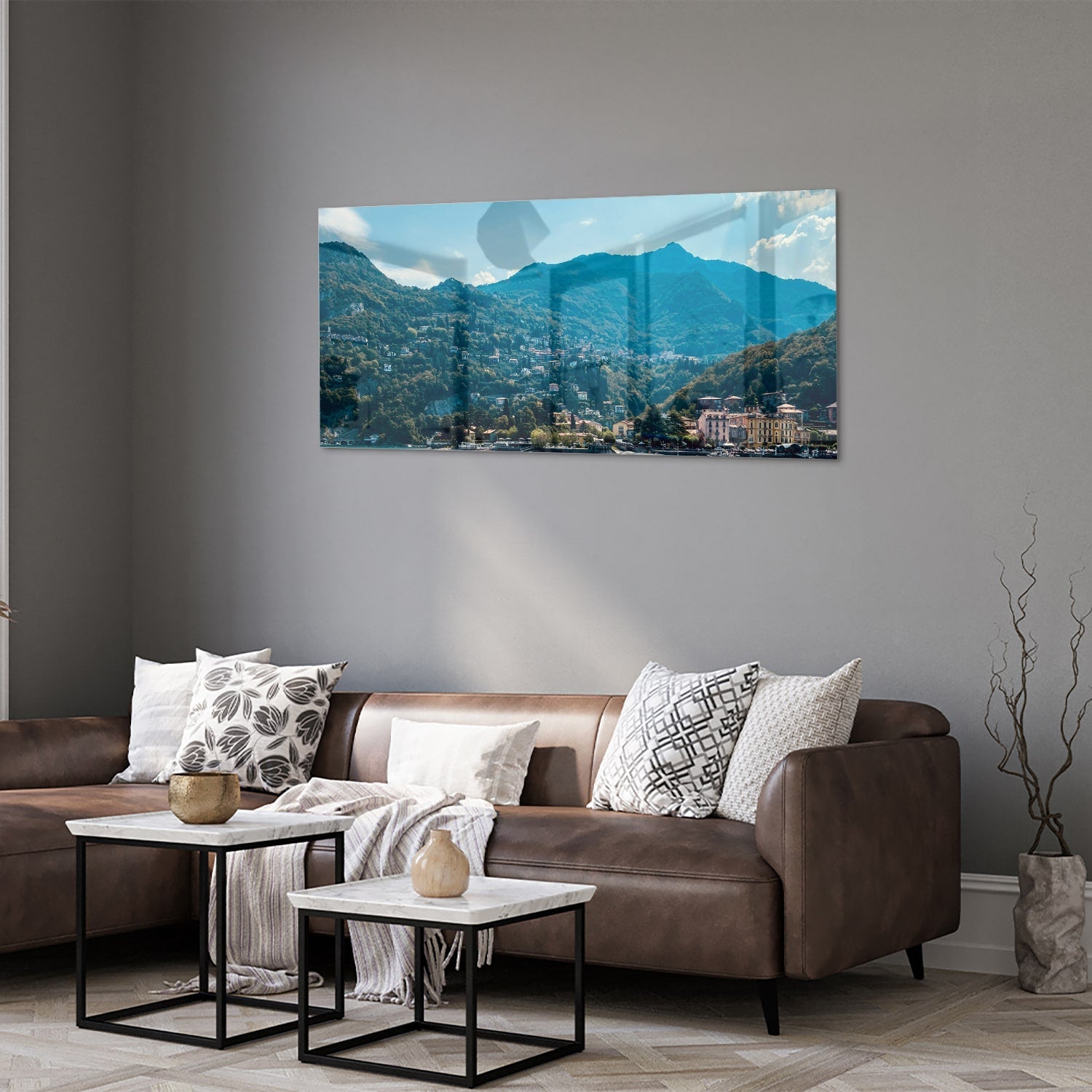 Atemberaubendes Glasbild mit Berglandschaft – Glasbild aus Sicherheitsglas, Größe 40x40_rond