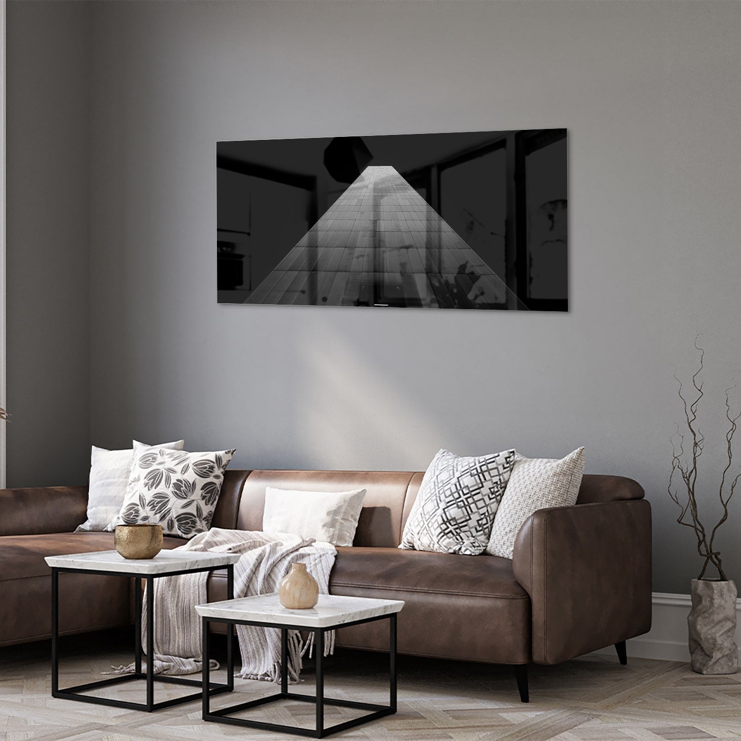 Minimalistisches Glasbild mit Lichteinfall – Glasbild aus Sicherheitsglas, Größe 40x40_rond