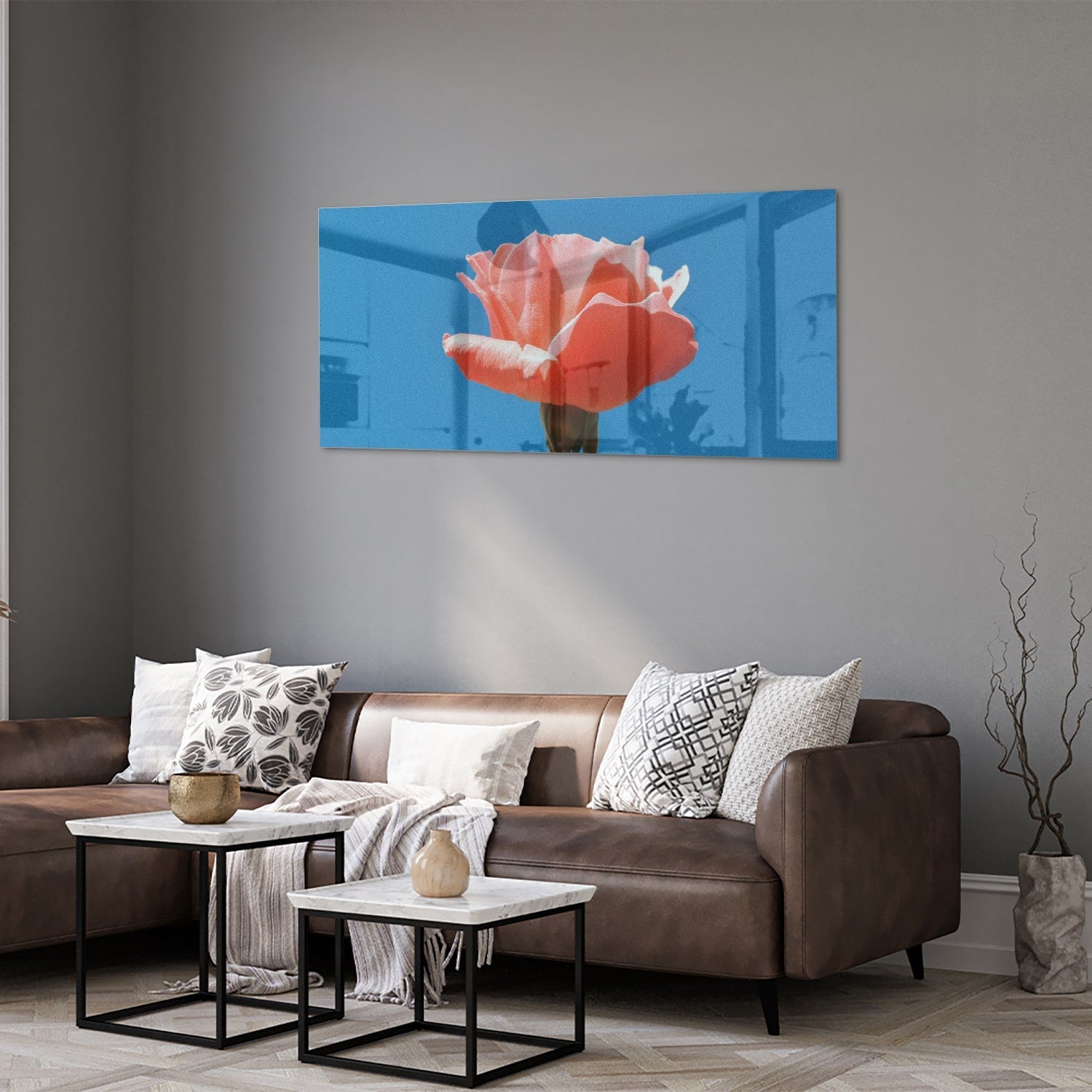 Glasbild rosa Rose auf blauem Hintergrund – Glasbild aus Sicherheitsglas, Größe 40x40_rond