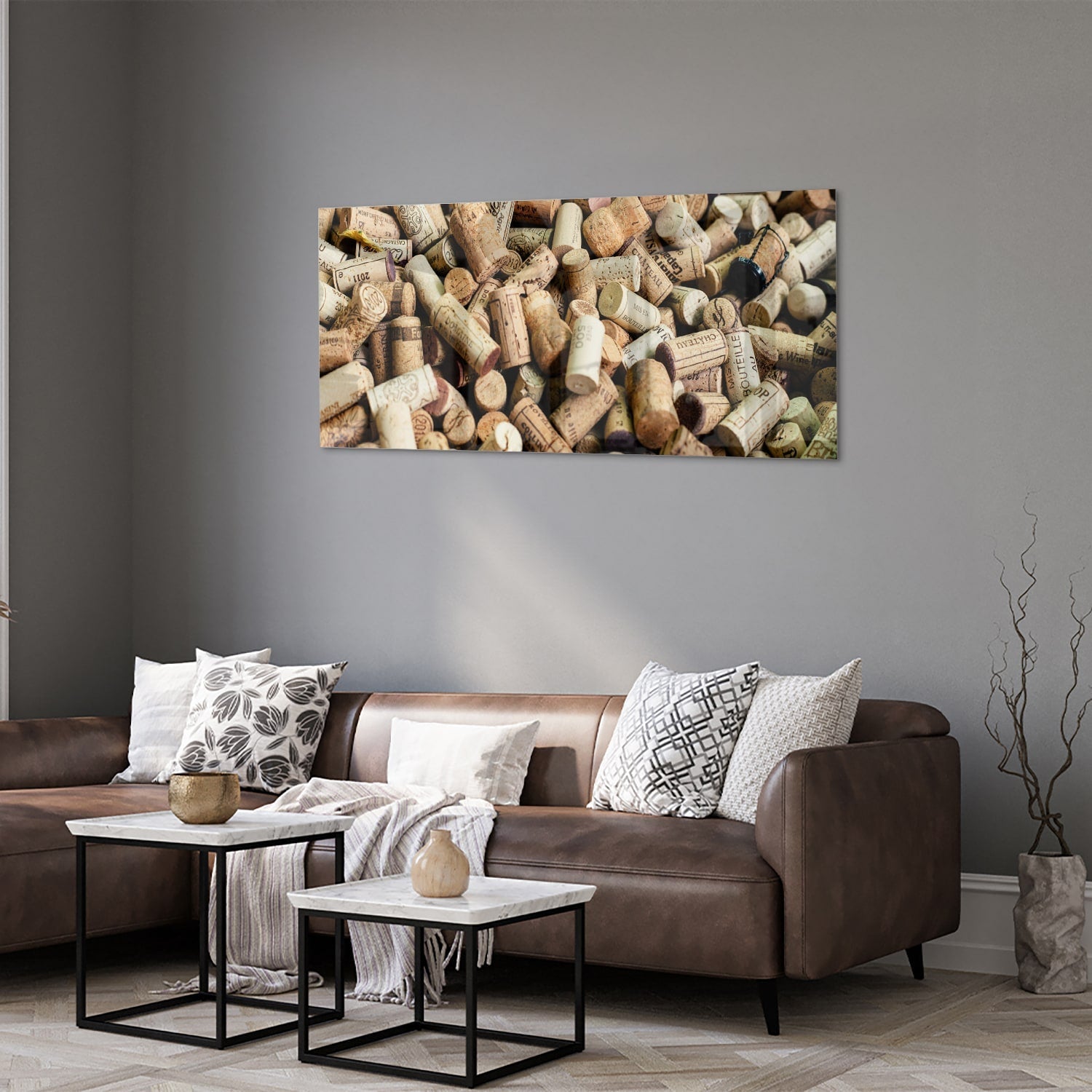 Kreatives Glasbild mit Korkenstapel – Glasbild aus Sicherheitsglas, Größe 40x40_rond
