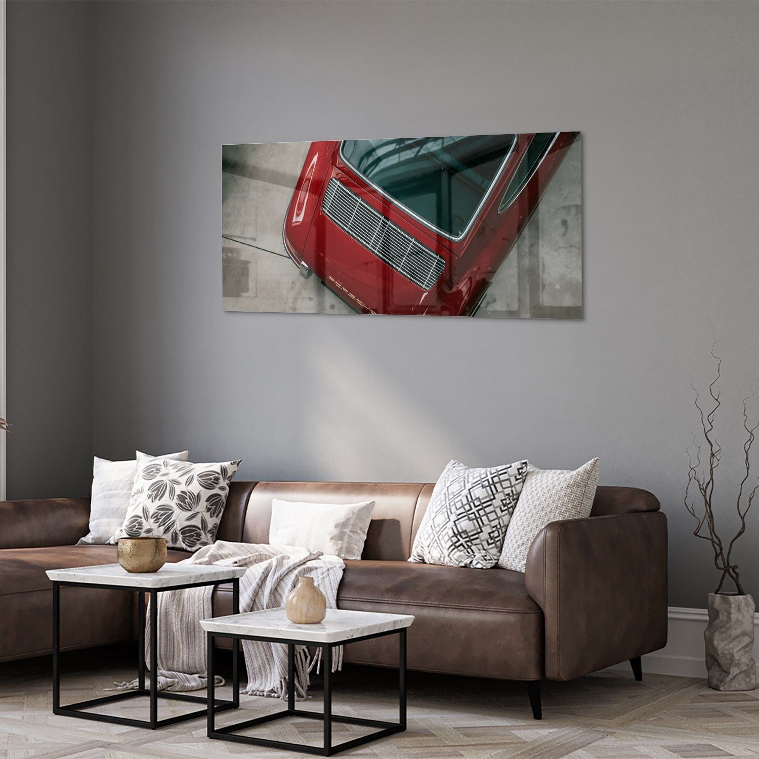 Stilvolles Glasbild mit einem roten Auto – Glasbild aus Sicherheitsglas, Größe 40x40_rond